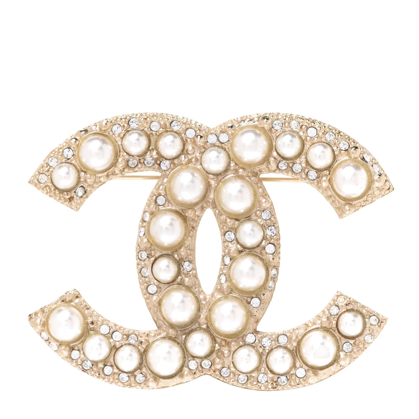 Metal Crystal Graduated Pearl CC Brooch Gold