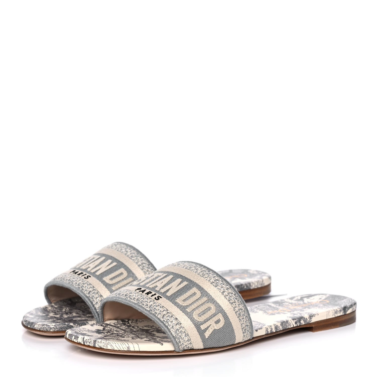 Christian Dior Canvas Toile de Jouy Embroidered Dway Flat Slide Sandals 37.5 Light Grey 3 of 9
