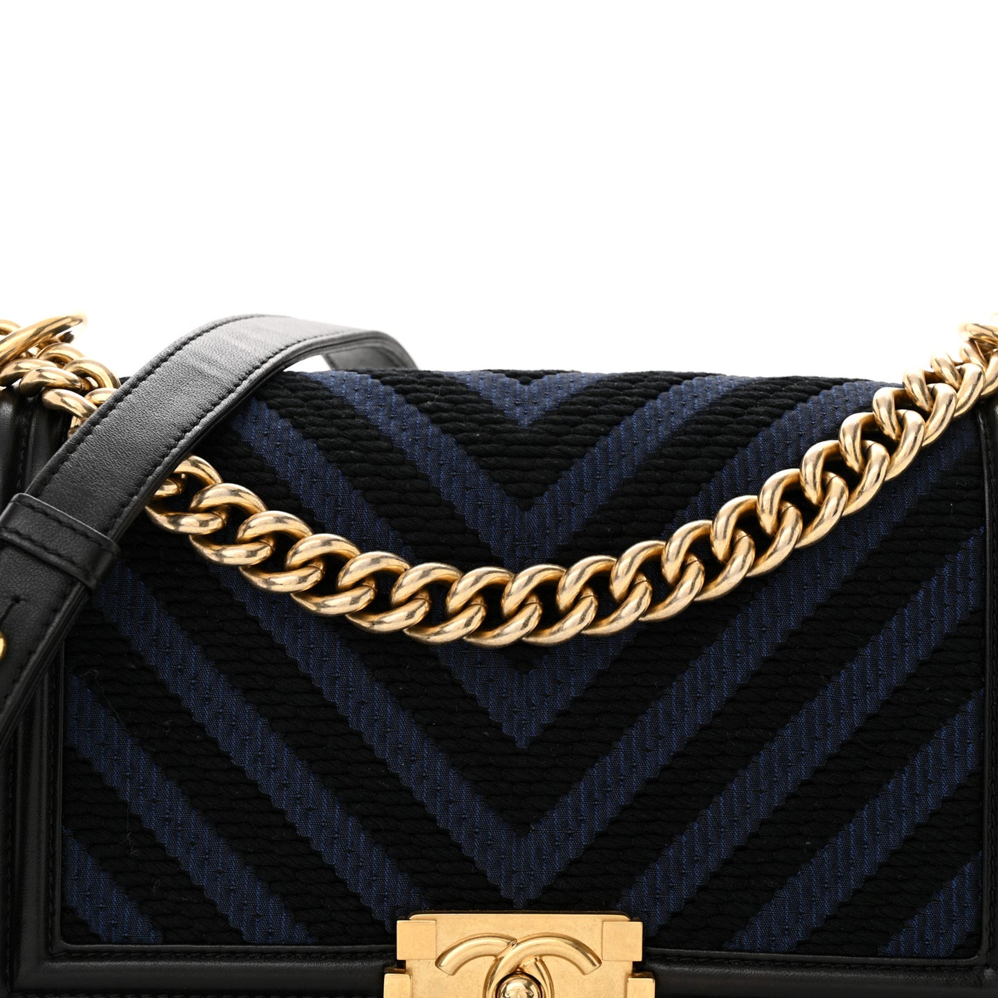 Fabric Chevron Braided Medium Boy Flap Black Navy