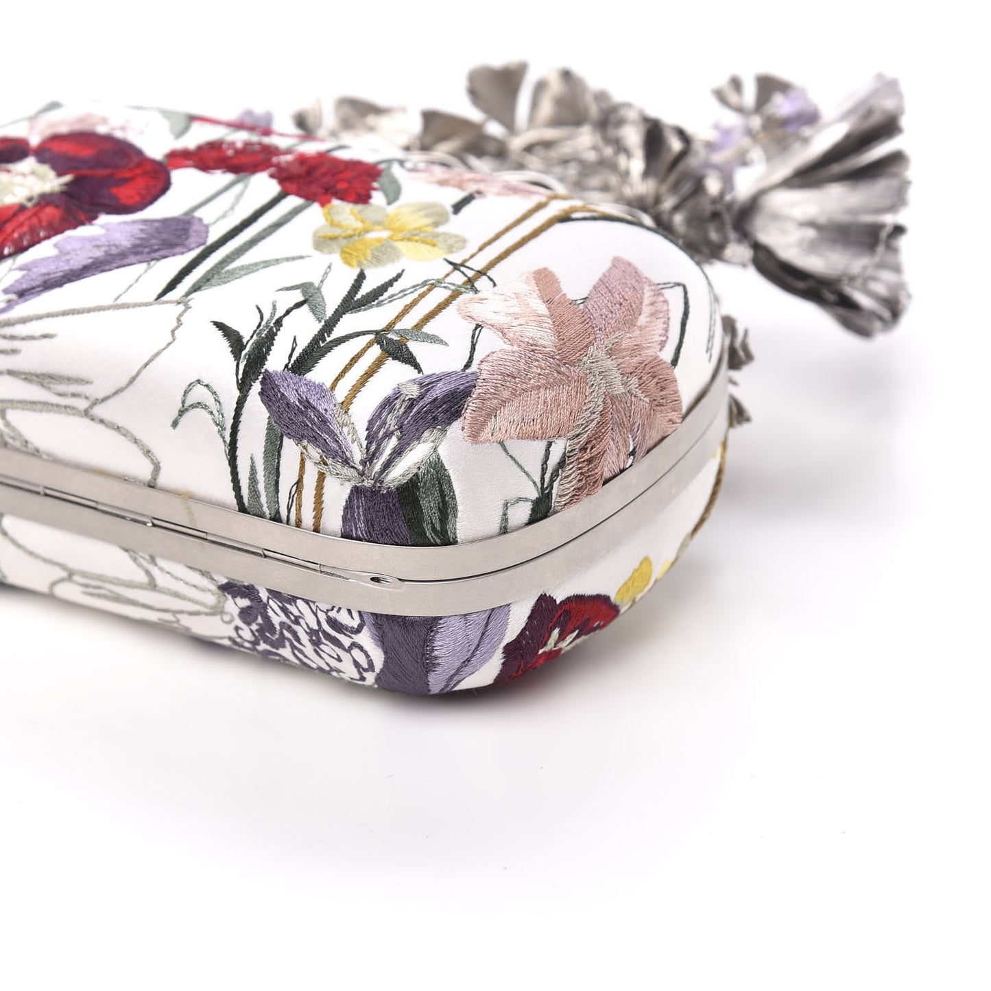 Satin Embroidered Flower Butterfly Knuckle Duster Box Clutch White Multicolor