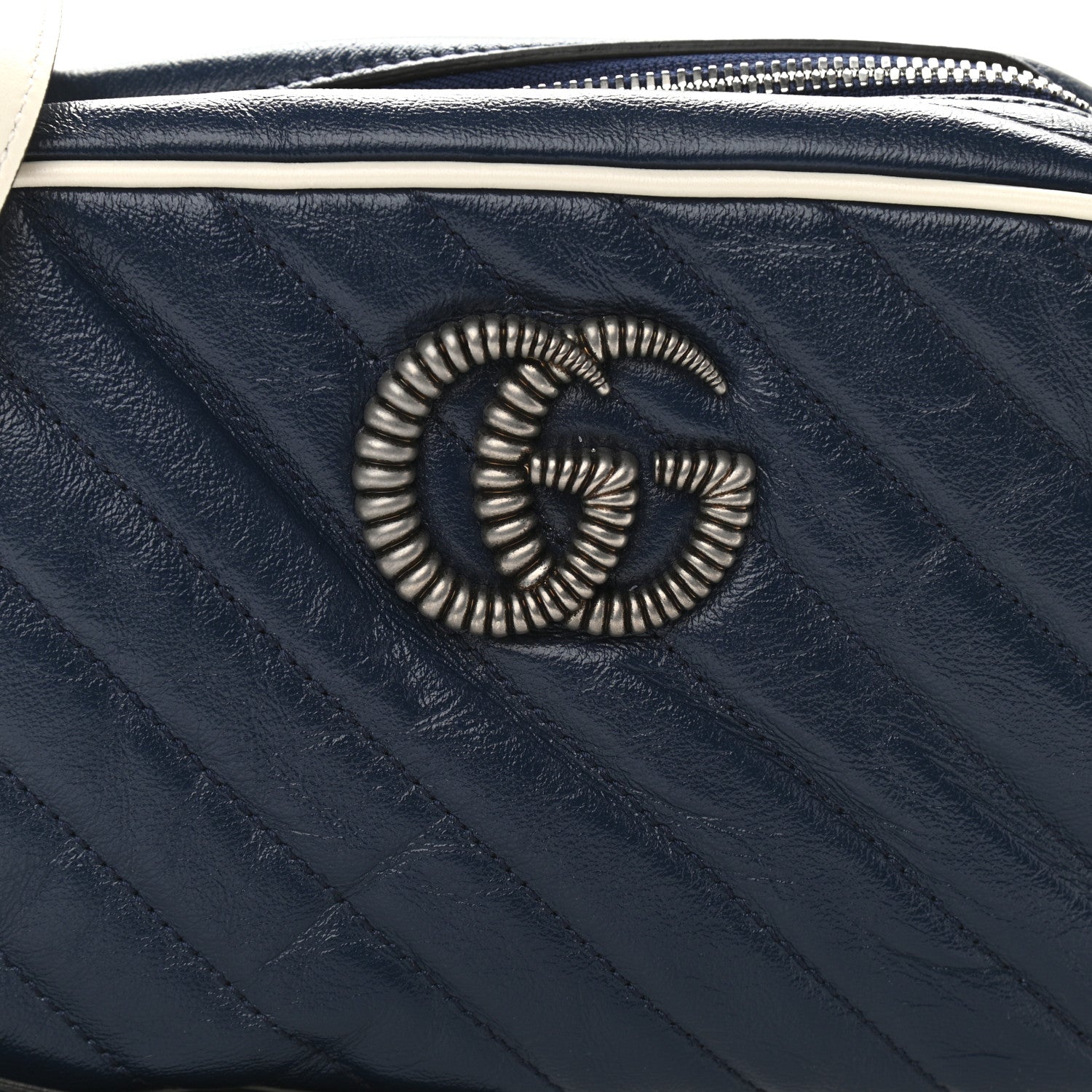 Gucci Vintage Effect Calfskin Matelasse Diagonal Small Torchon GG Marmont Chain Shoulder Bag Blue Agata Mystic White 8 of 10