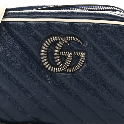 Gucci Vintage Effect Calfskin Matelasse Diagonal Small Torchon GG Marmont Chain Shoulder Bag Blue Agata Mystic White 8 of 10