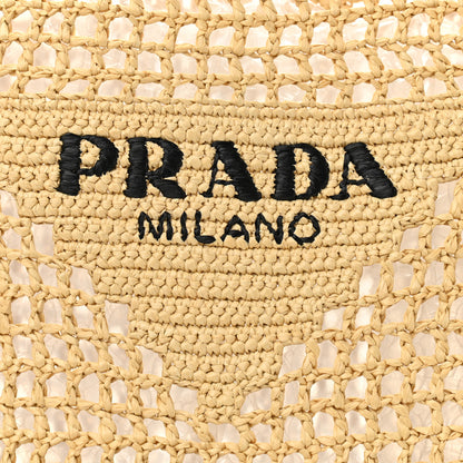 Prada Yarn Raffia Effect Crochet Logo Embroidered Tote Bag Naturale 7 of 9