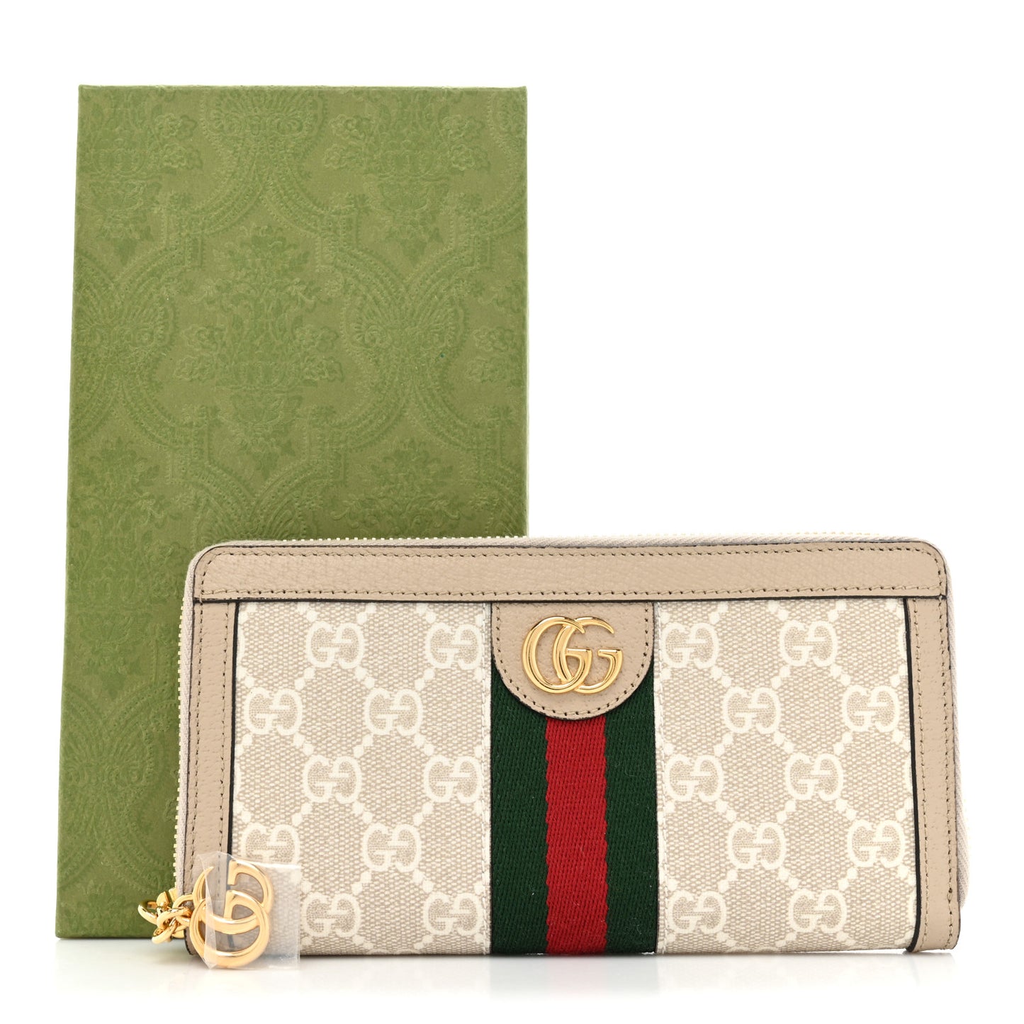 GG Supreme Monogram Textured Dollar Calfskin Web Ophidia Zip Around Wallet Beige Mystic White Oatmeal