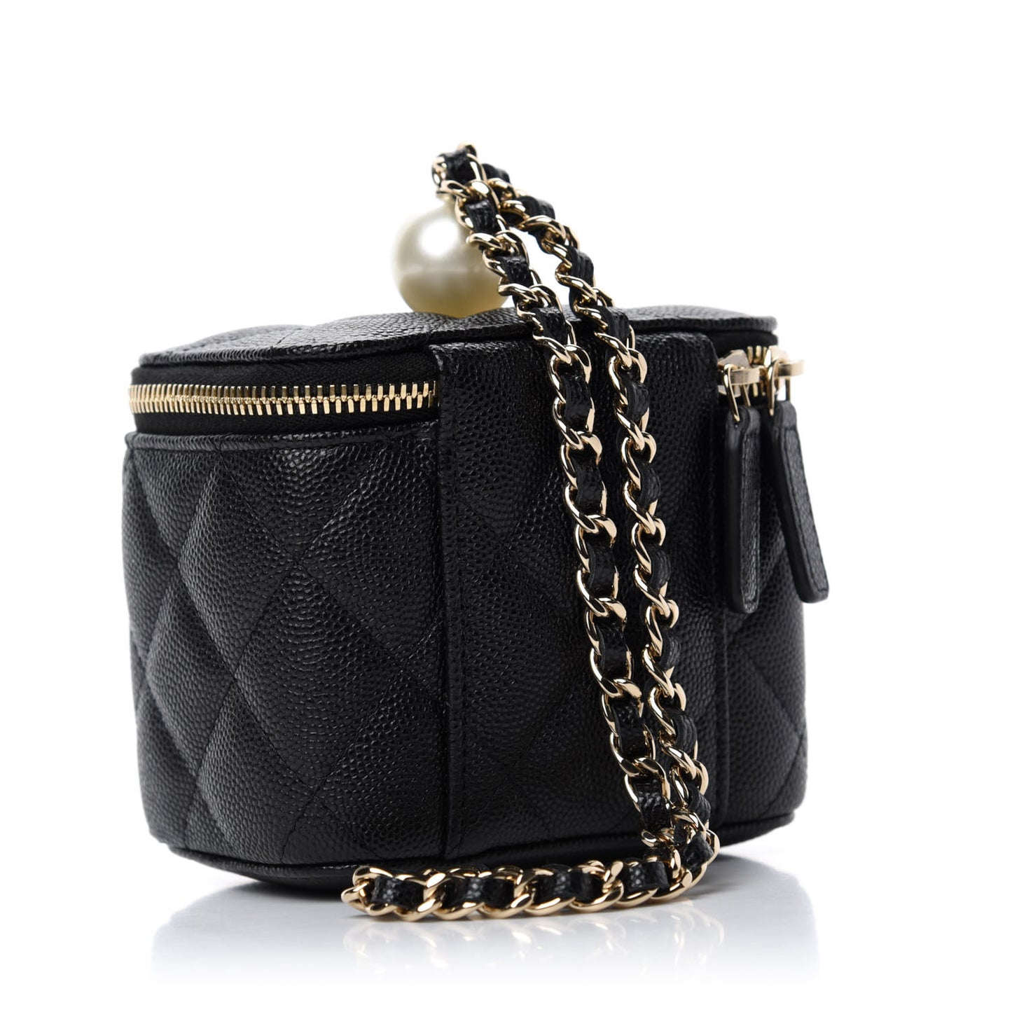 Caviar Quilted Mini Pearl On Top Vanity Case With Chain Black