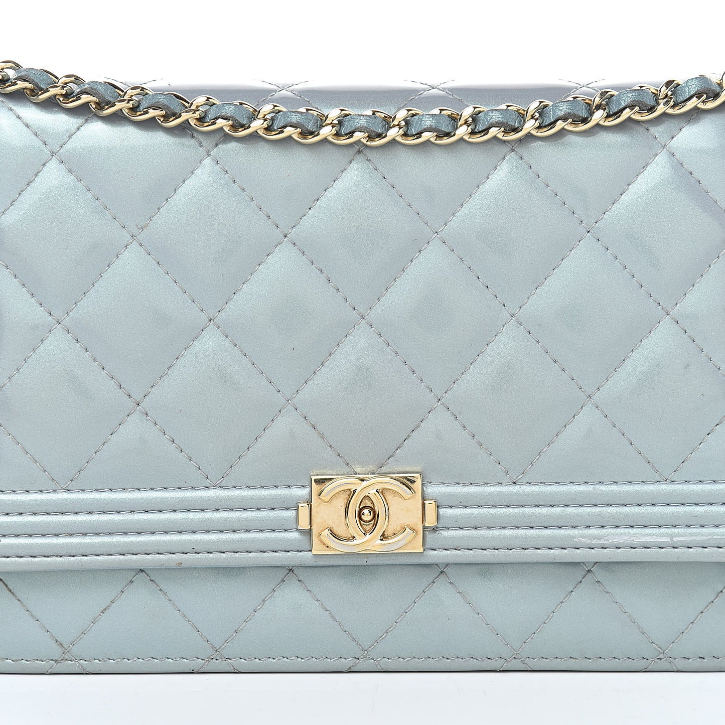 Metallic Patent Calfskin Quilted Boy Wallet on Chain WOC Light Blue