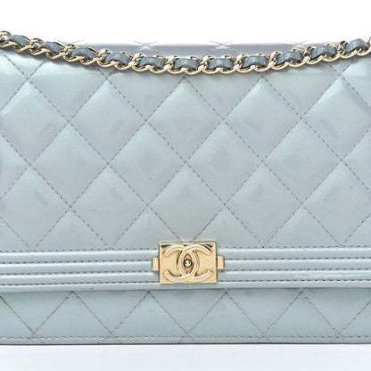 Chanel Metallic Patent Calfskin Quilted Boy Wallet on Chain WOC Light Blue 9 of 15