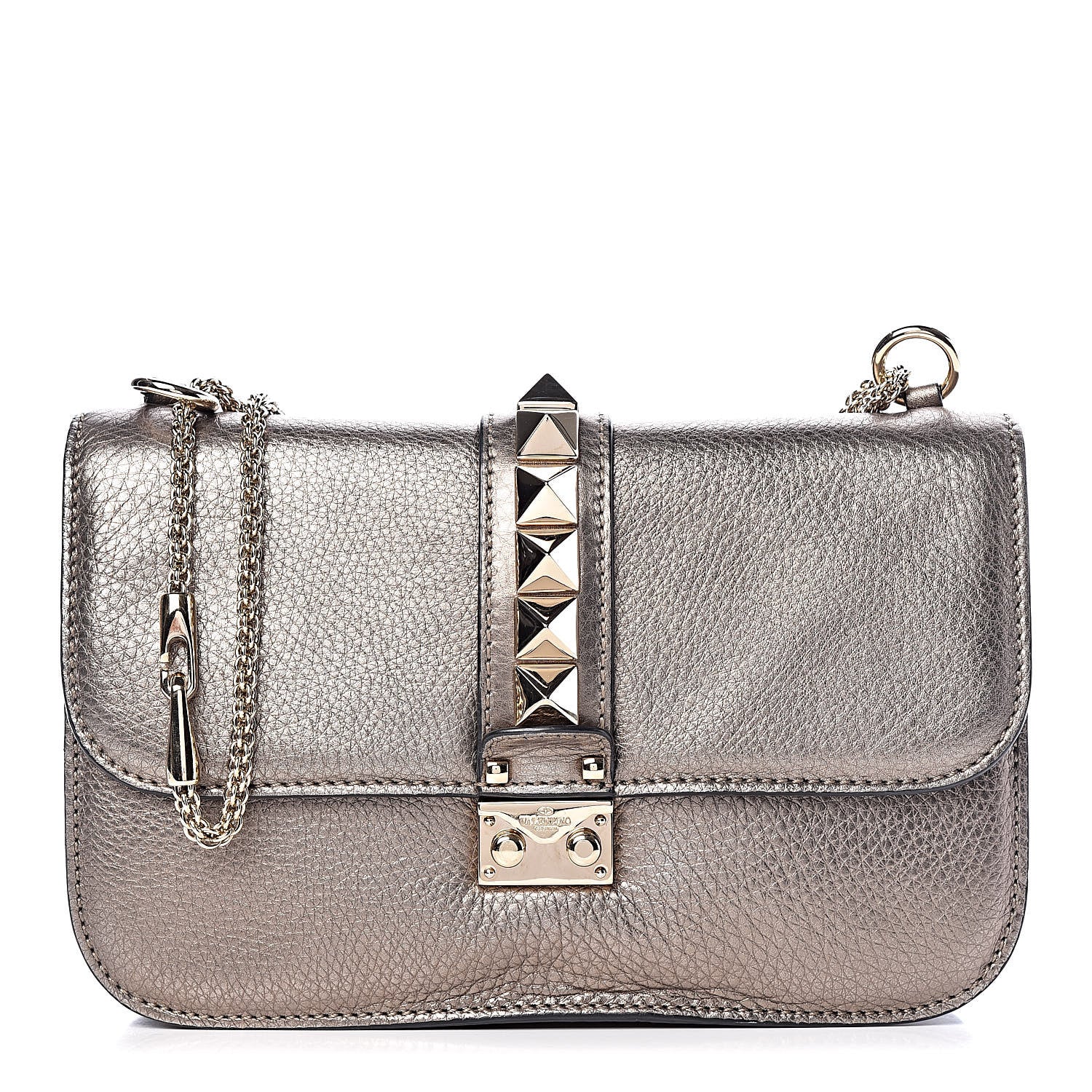 Valentino Garavani Metallic Vitello Medium Glam Lock Rockstud Flap Sasso 1 of 10