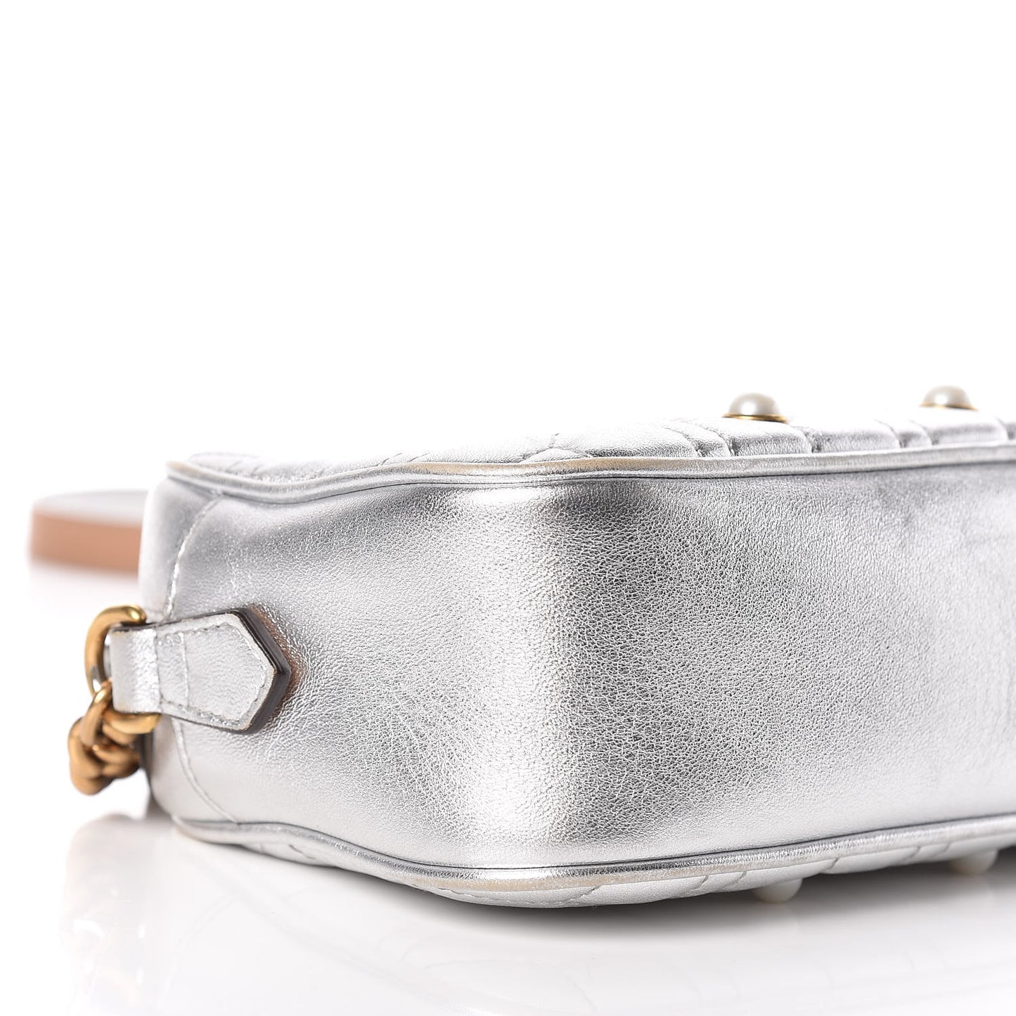 Metallic Calfskin Matelasse Studded Small Pearly GG Marmont Chain Shoulder Bag Silver
