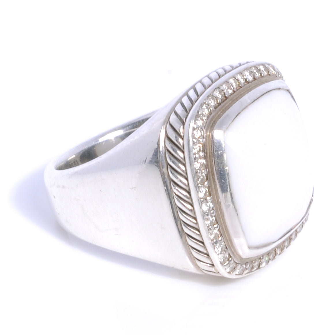 David Yurman Sterling Silver 17mm White Agate Diamond Ring 7 3 of 5