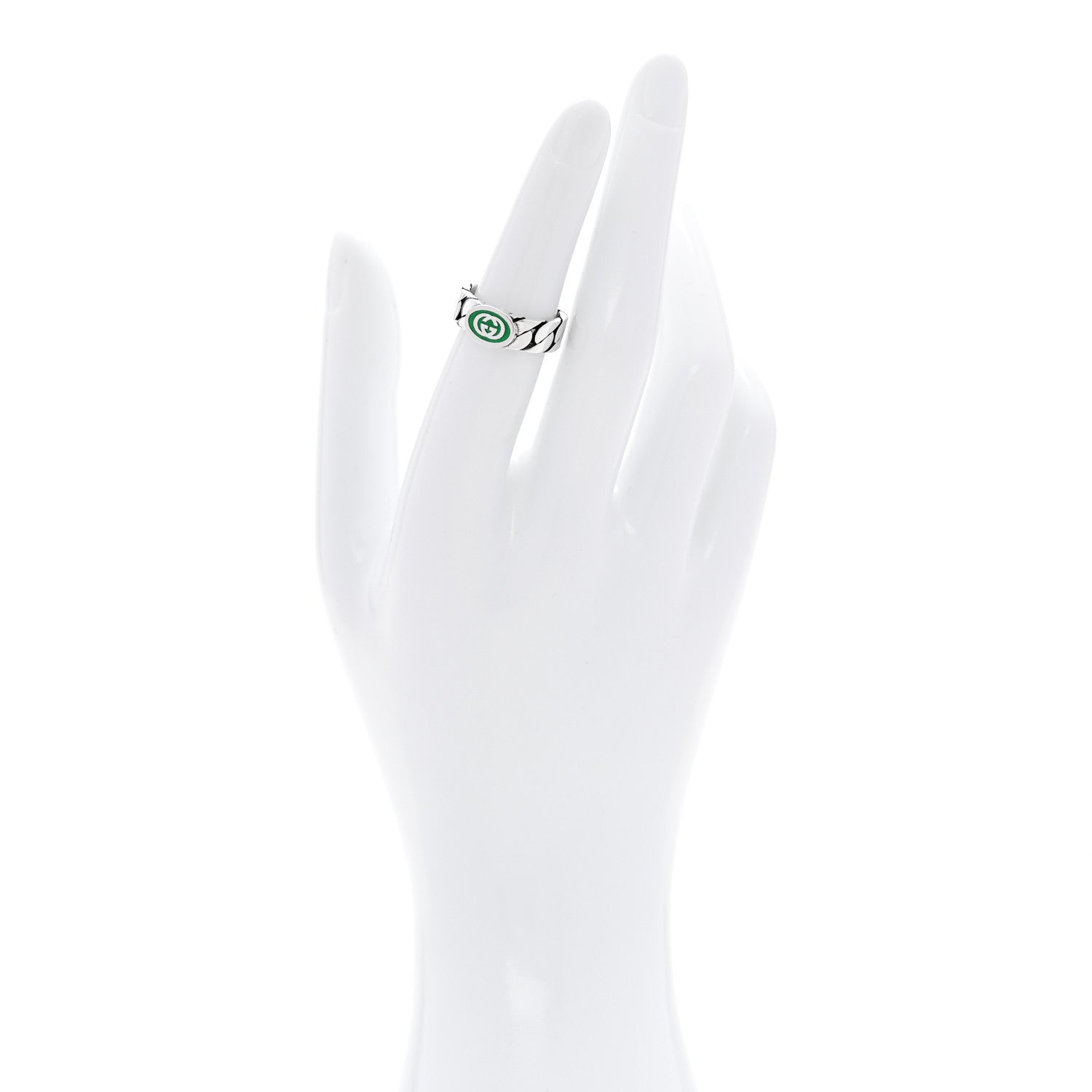Gucci Sterling Silver Enamel Interlocking G Chain Ring 51 5.75 Green 2 of 4