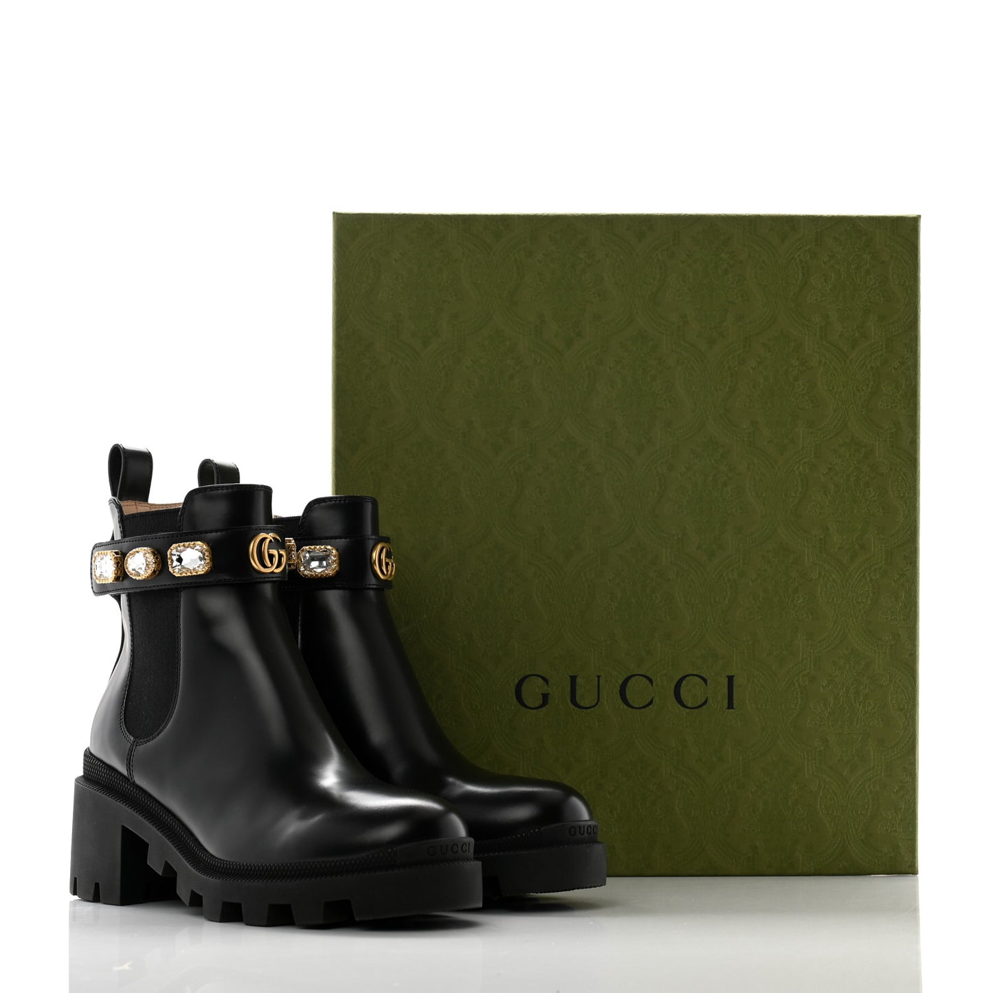 Calfskin Crystal GG Trip Chelsea Ankle Boots 36 Black