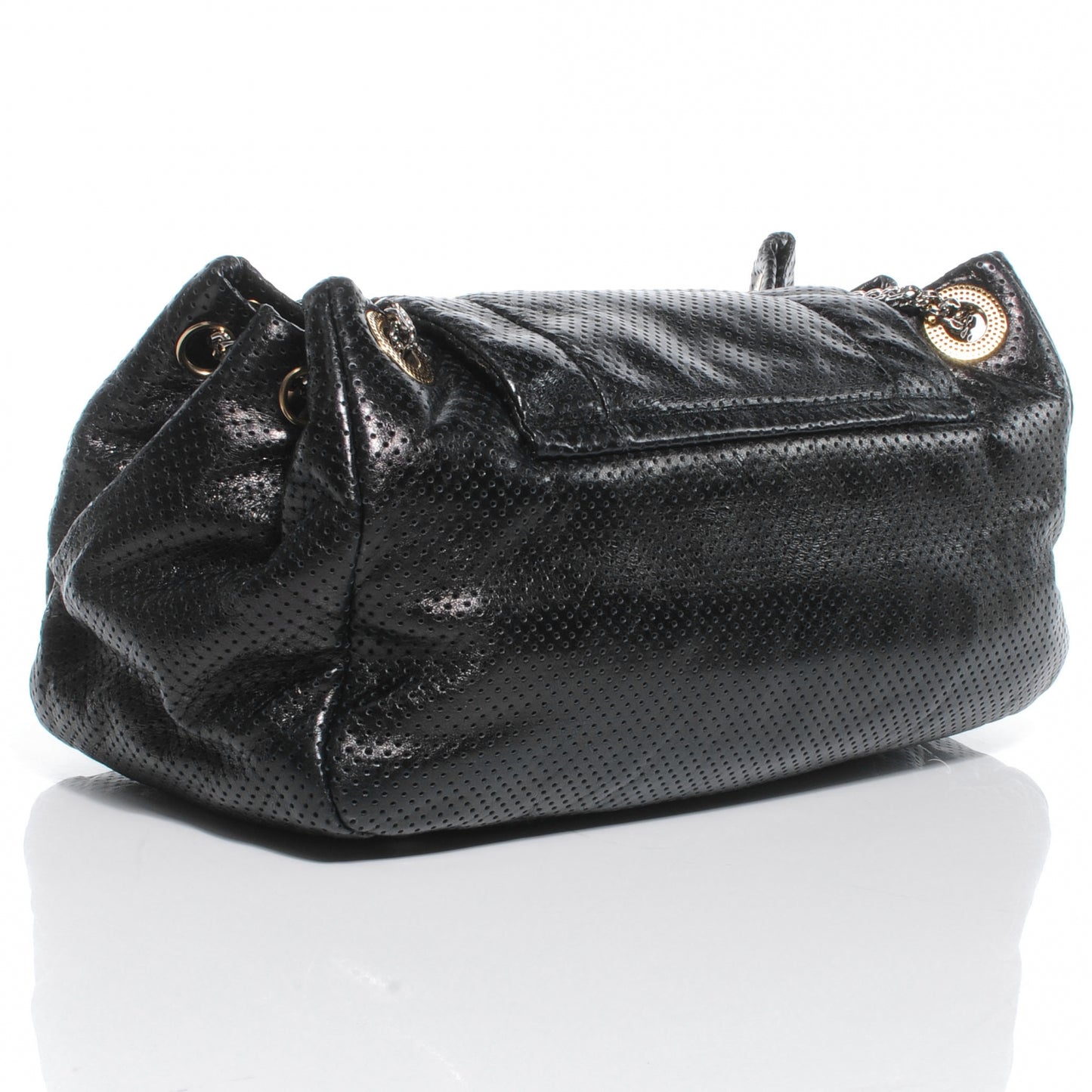 Metallic Calfskin Perforated Large Drill Accordion Flap Black