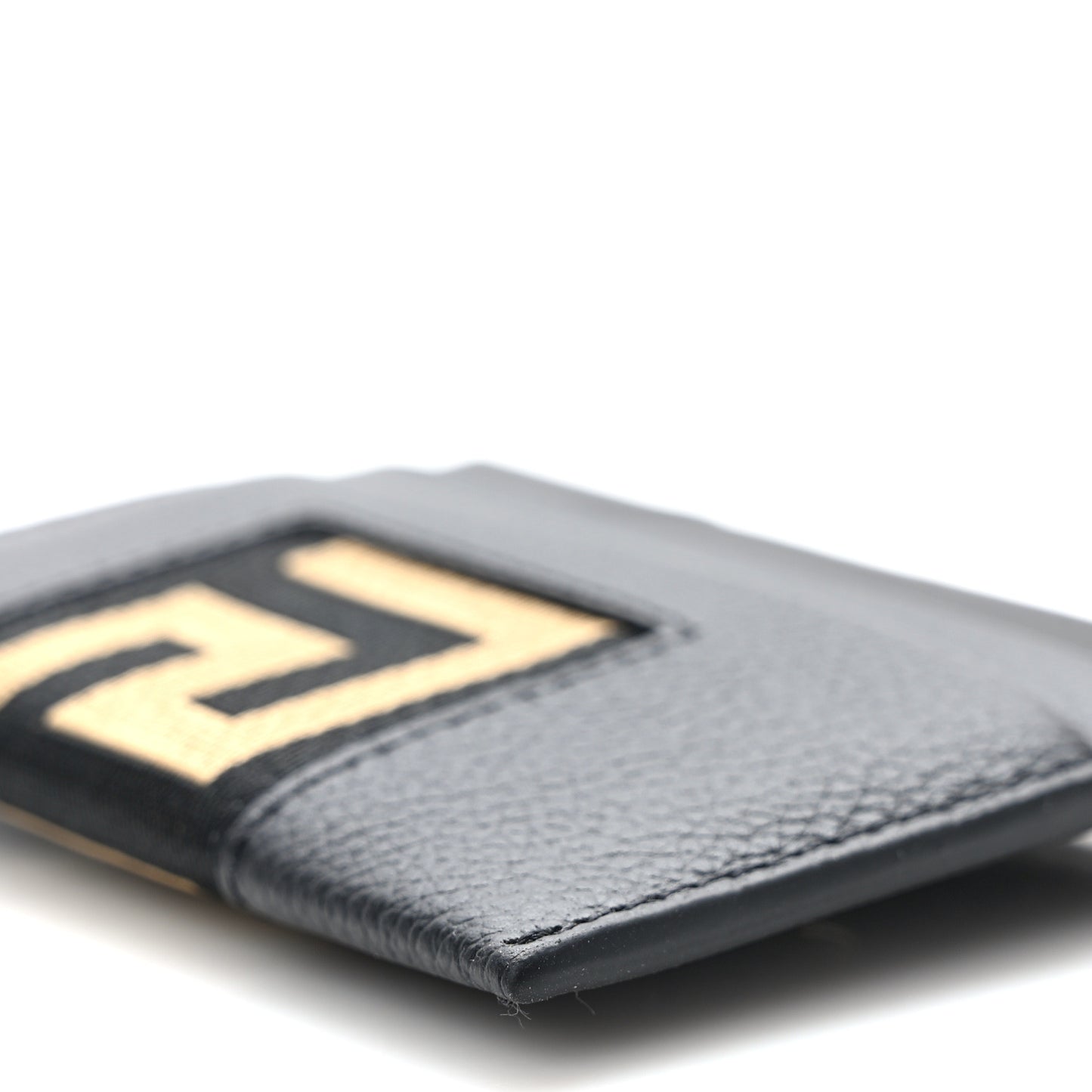 Grained Calfskin Ribbon Greca Zip Card Holder Wallet Black Gold