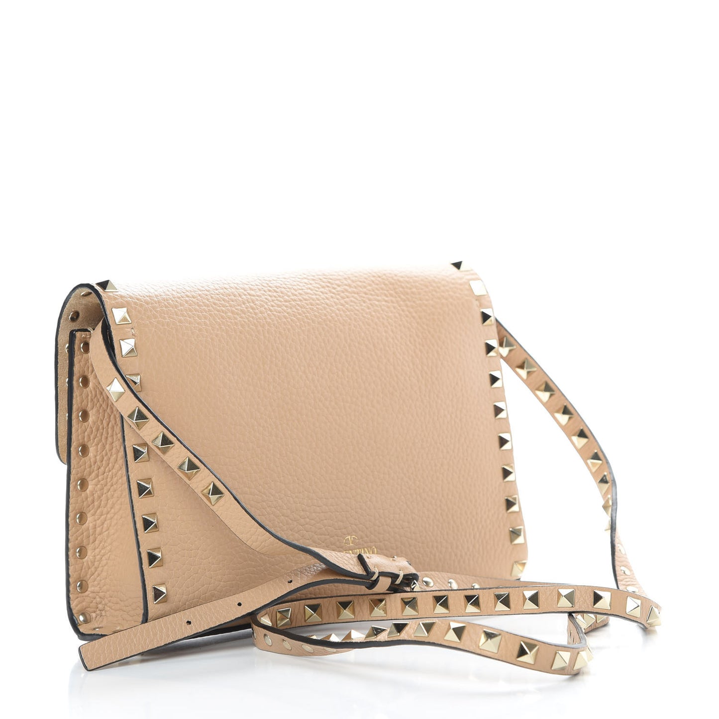 Pebbled Calfskin Medium Rockstud Flip Lock Crossbody Bag Camel Rose