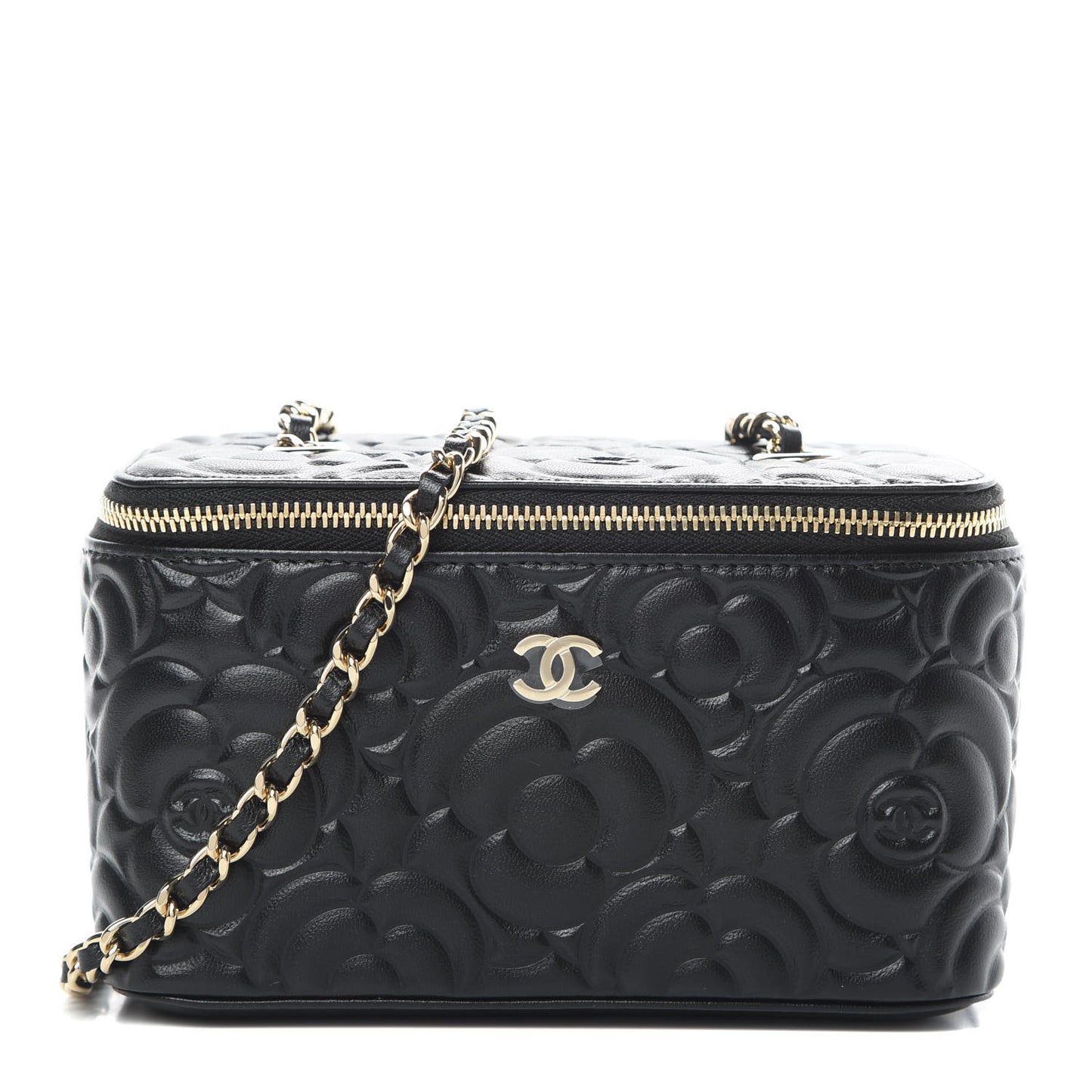 Lambskin Camellia Embossed Small Vanity Case With Chain Black