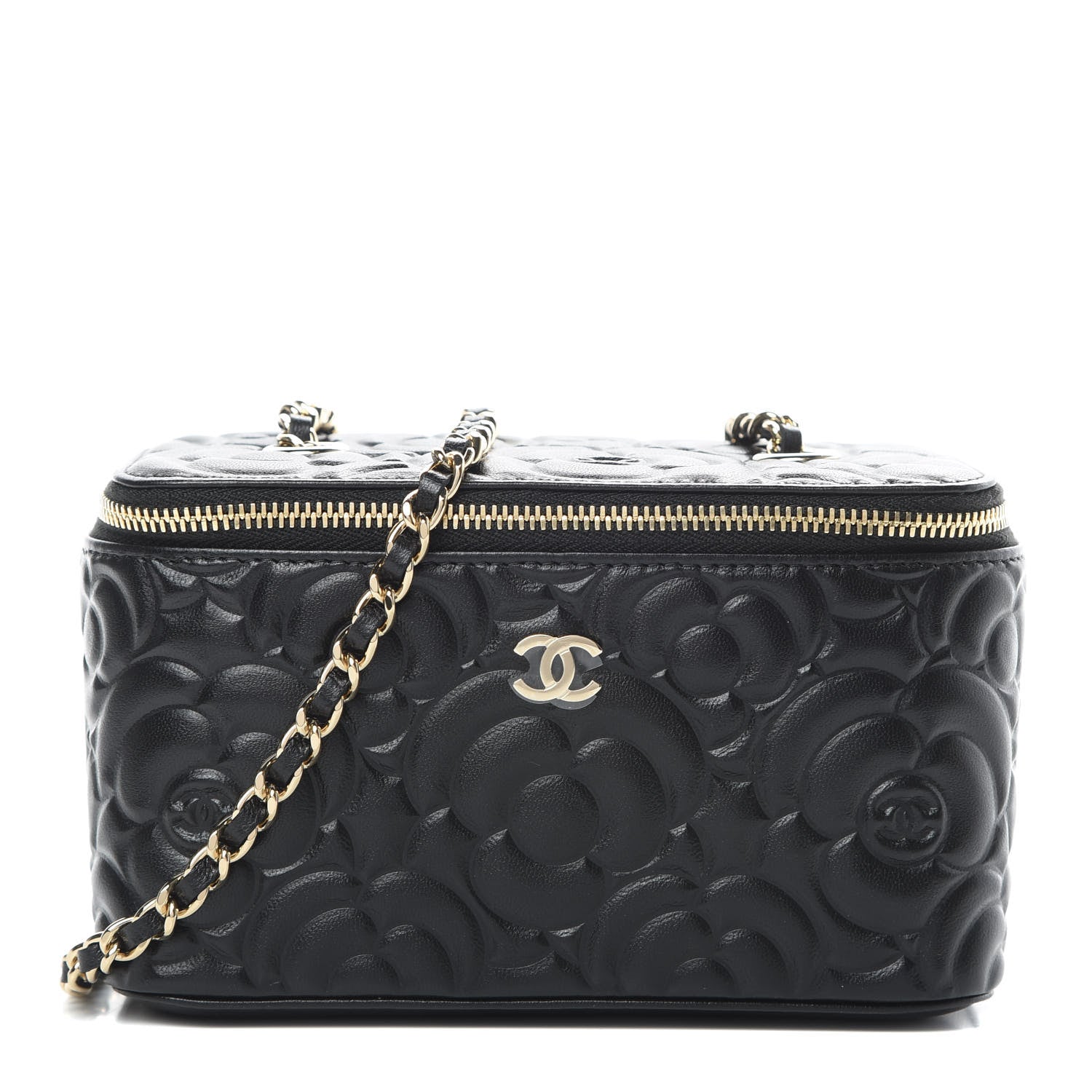 Chanel Lambskin Camellia Embossed Small Vanity Case With Chain Black 1 of 12