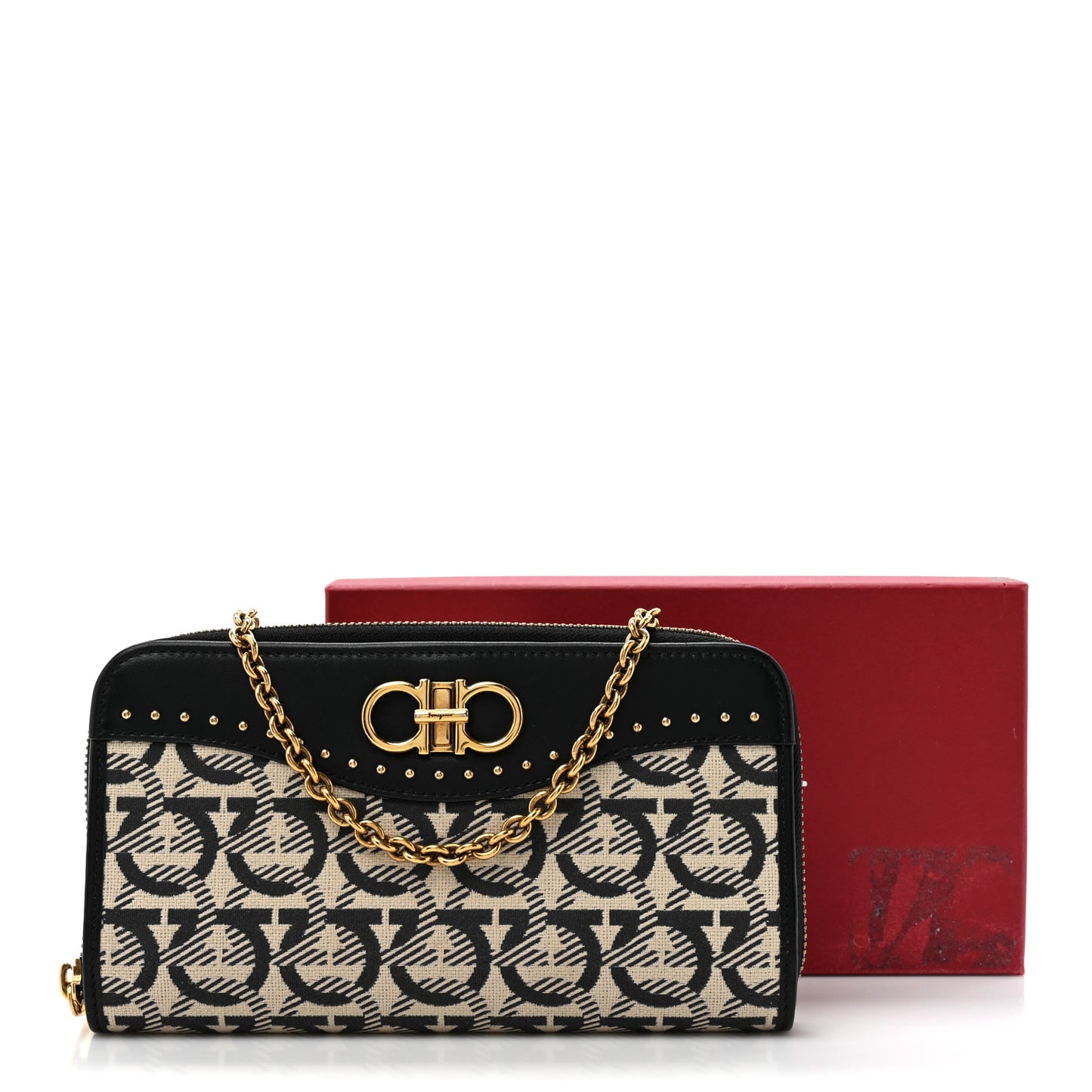 Canvas Calfskin Gancini Wallet On Chain Black Beige