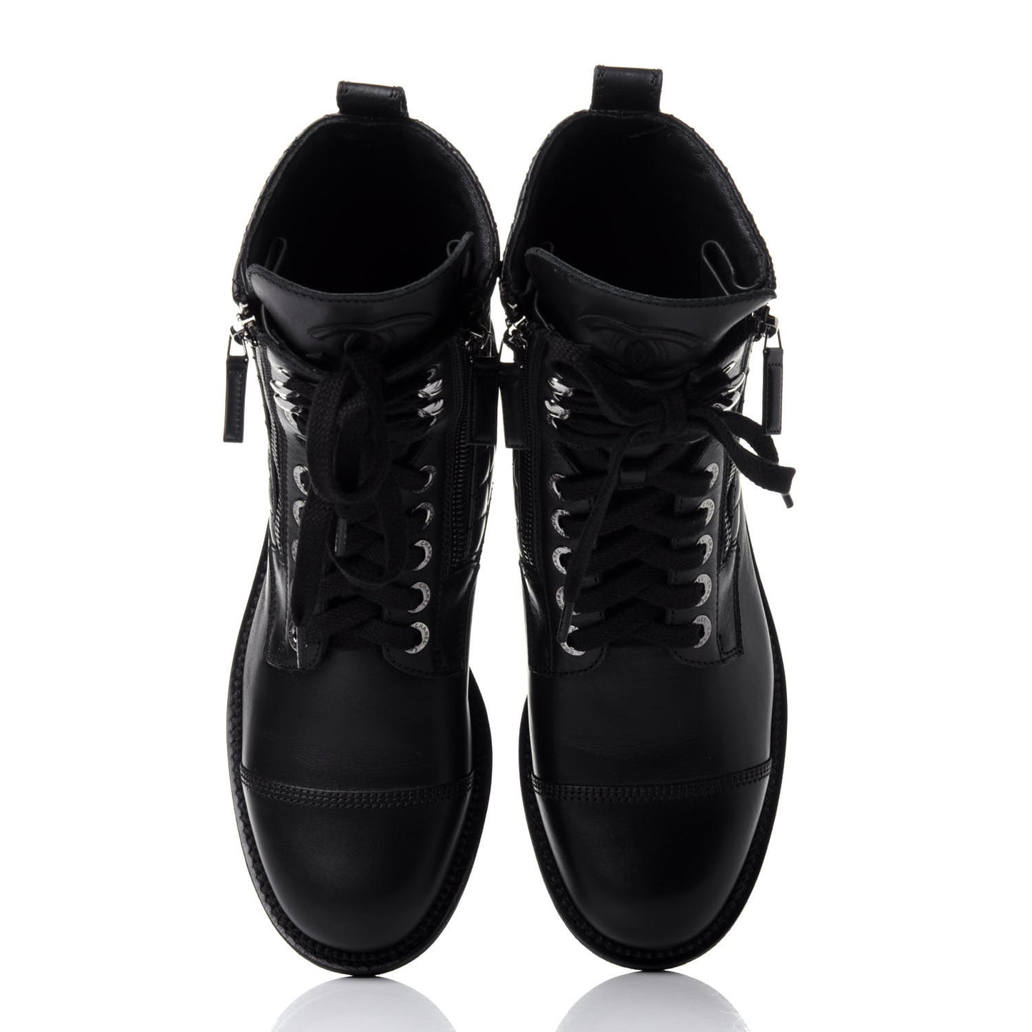 Calfskin Quilted Lace Up Combat Boots 38 Black