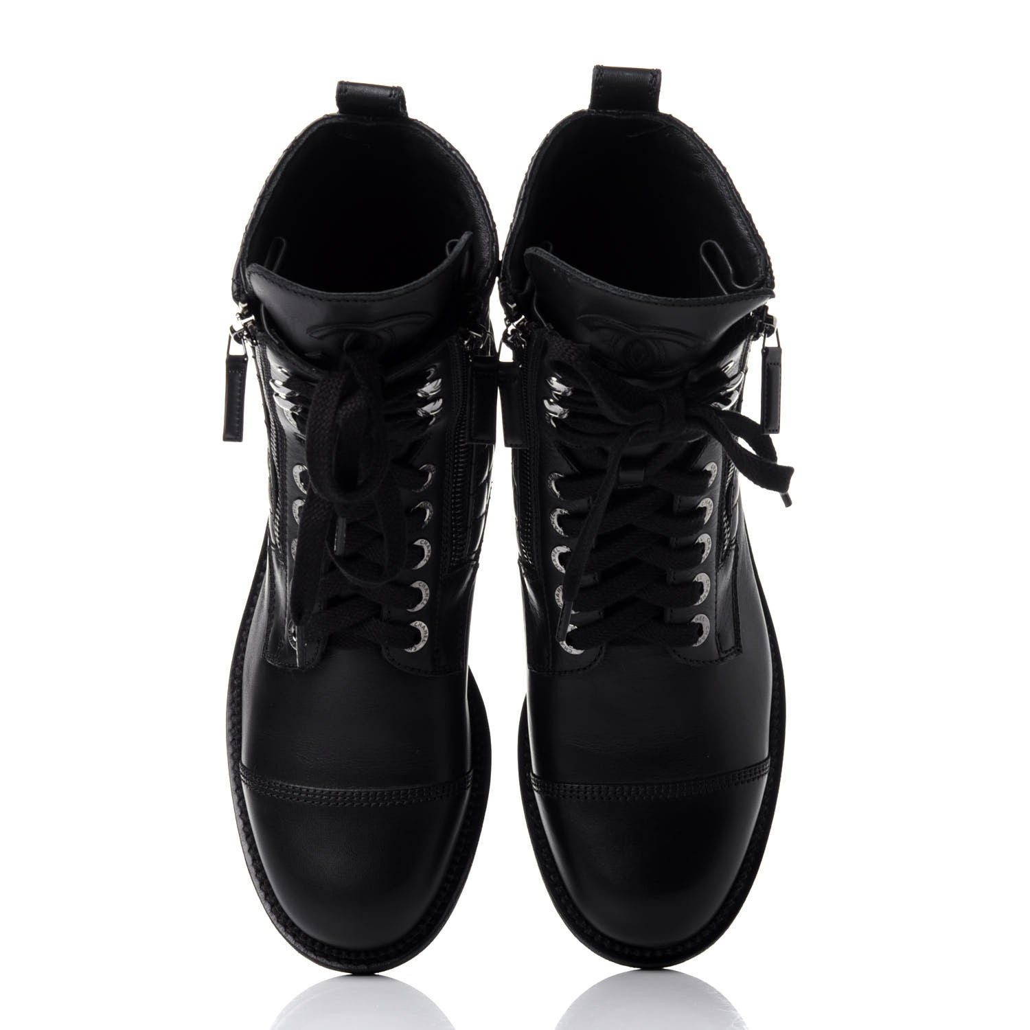 Chanel Calfskin Quilted Lace Up Combat Boots 38 Black 6 of 10