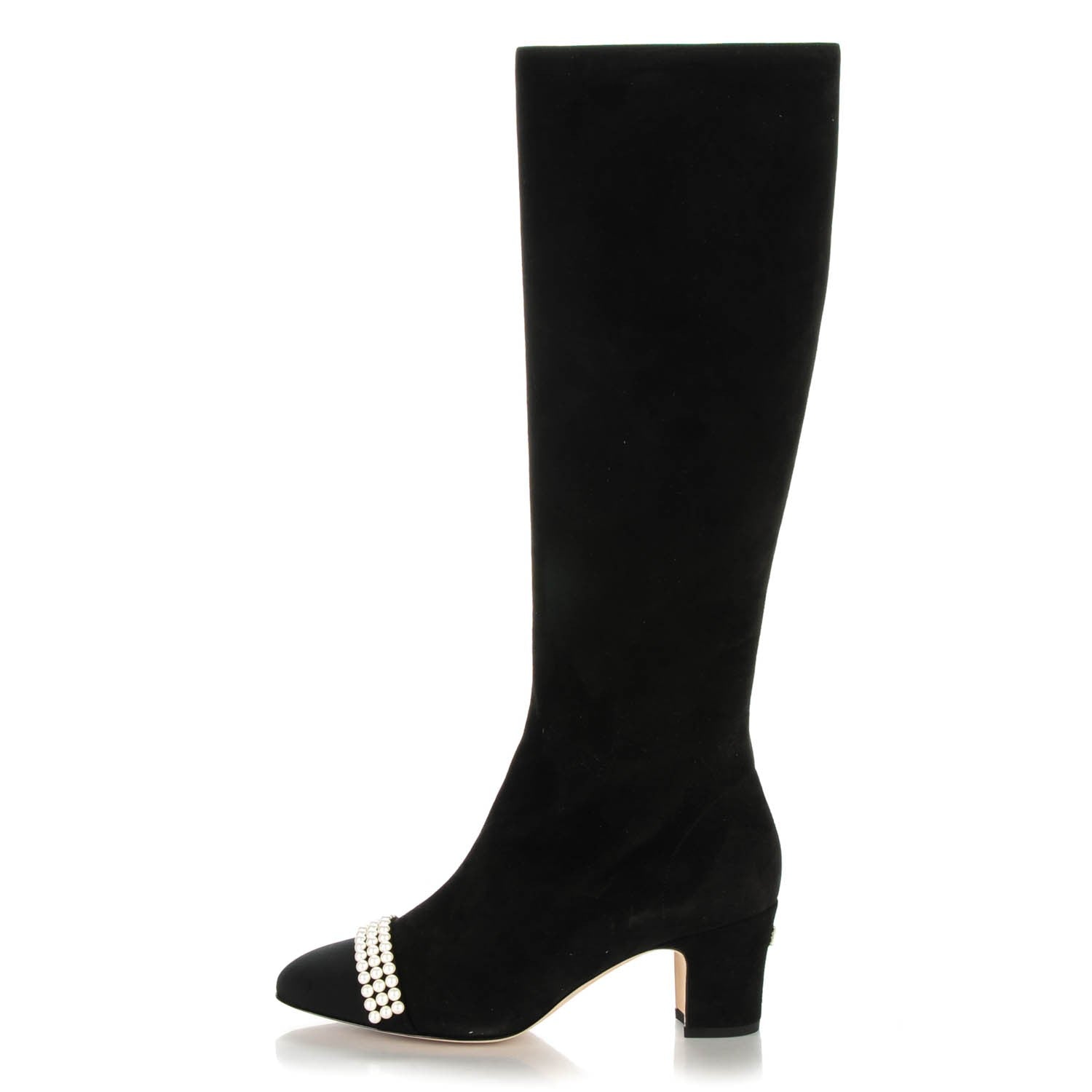 Chanel Suede Grosgrain Pearl CC Cap Toe High Boots 37 Black 1 of 7
