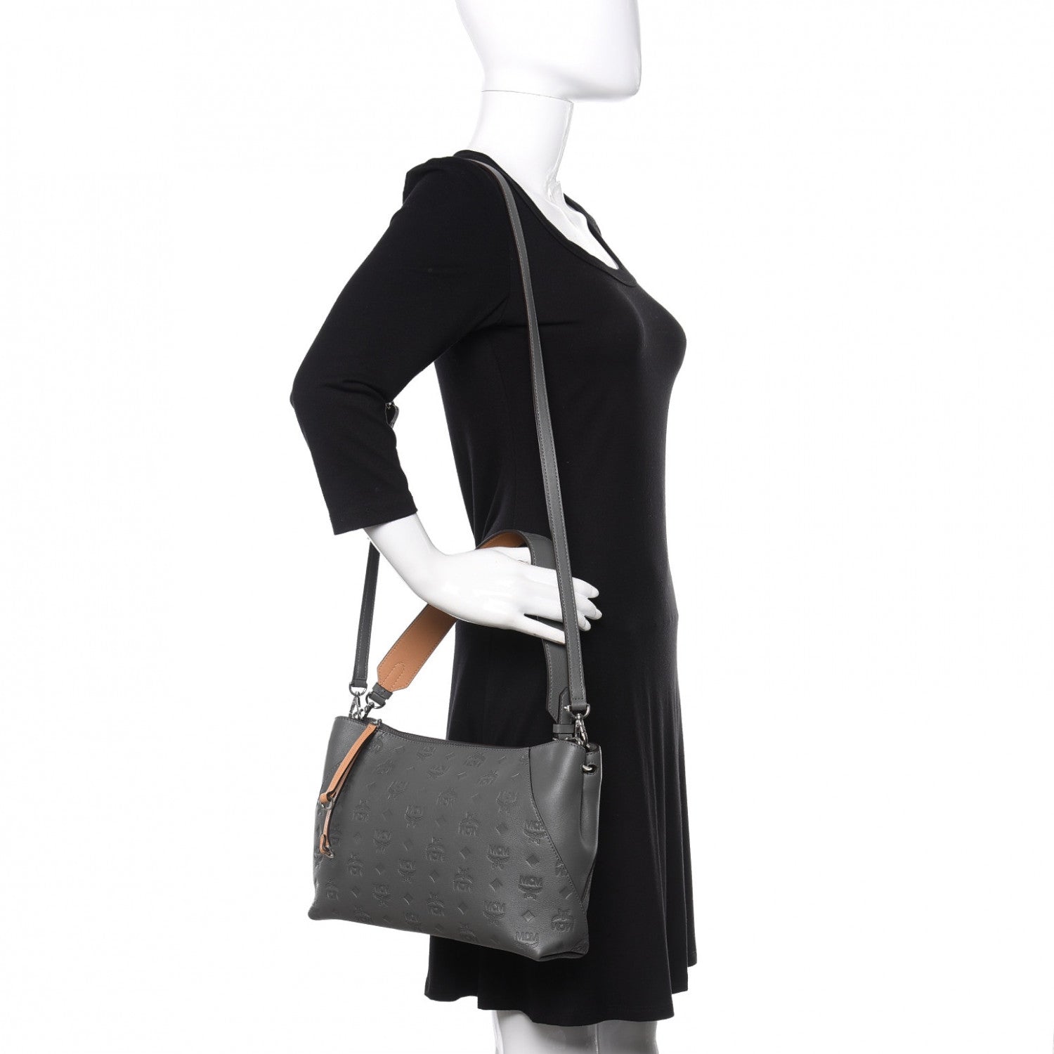 MCM Calfskin Ottomar Monogram Medium Klara Shoulder Bag Charcoal 2 of 9