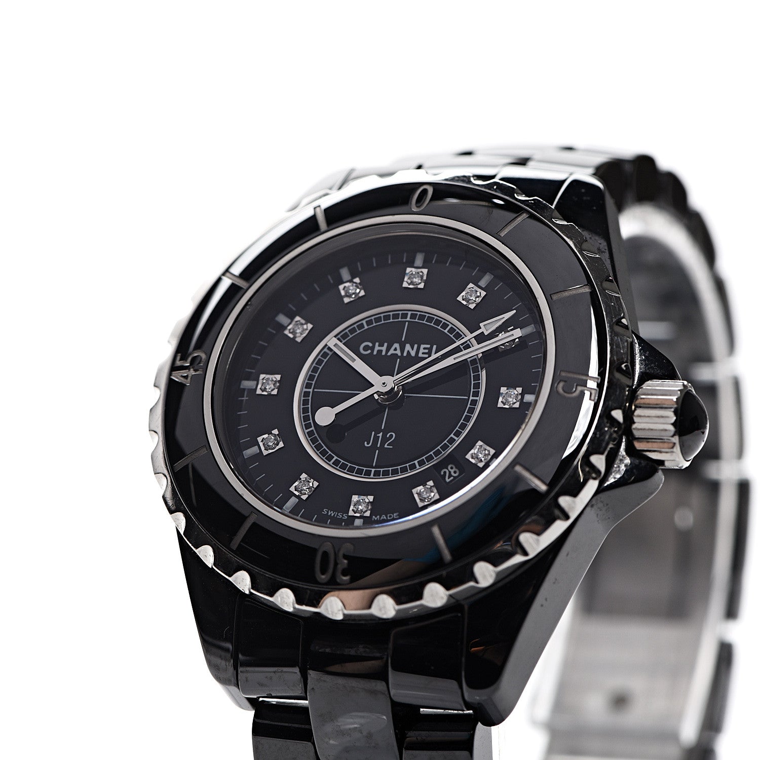 Chanel Stainless Steel Ceramic Diamond 33mm J12 Quartz Watch Black 7 of 8