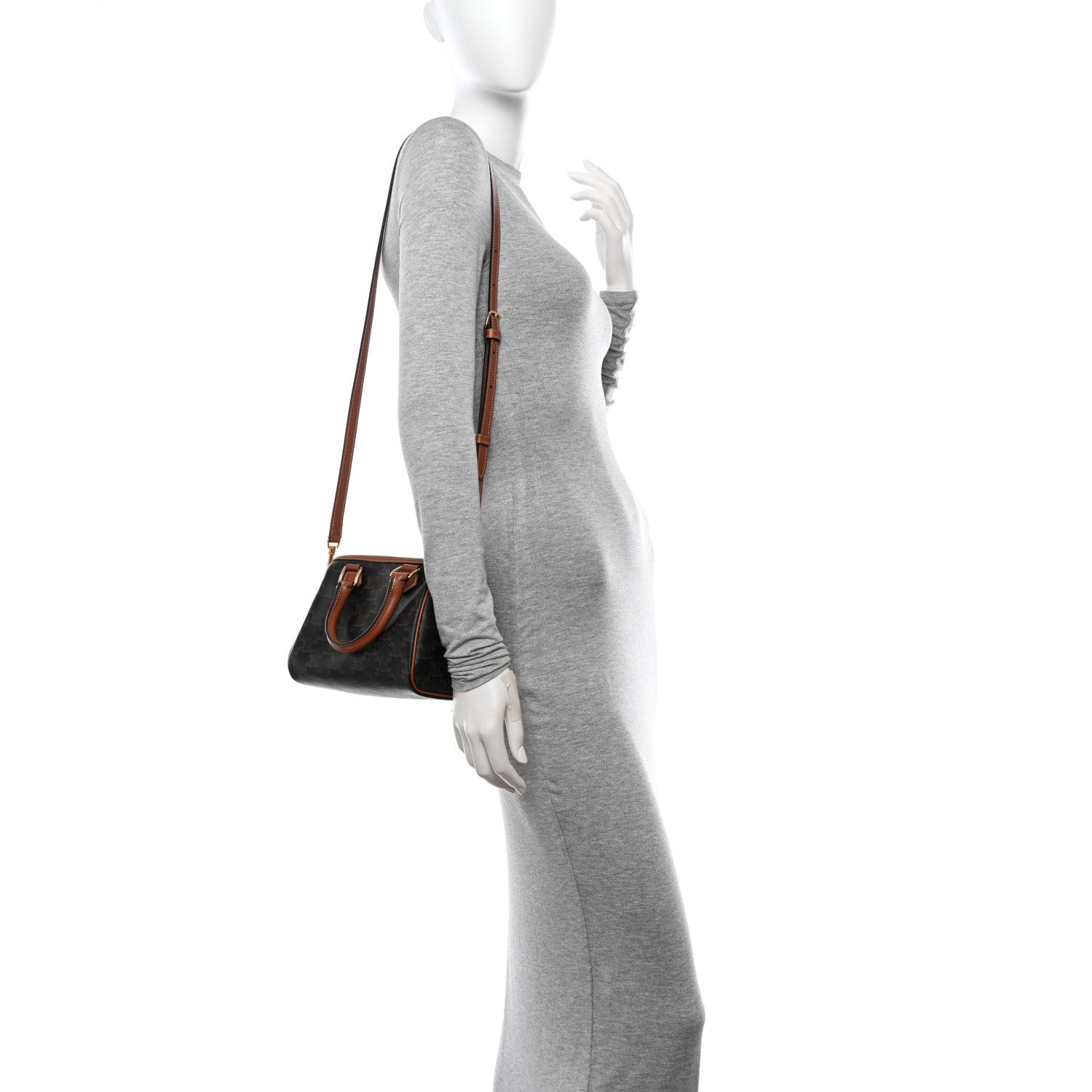 Celine Triomphe Canvas Calfskin Small Boston Bag Tan 2 of 9