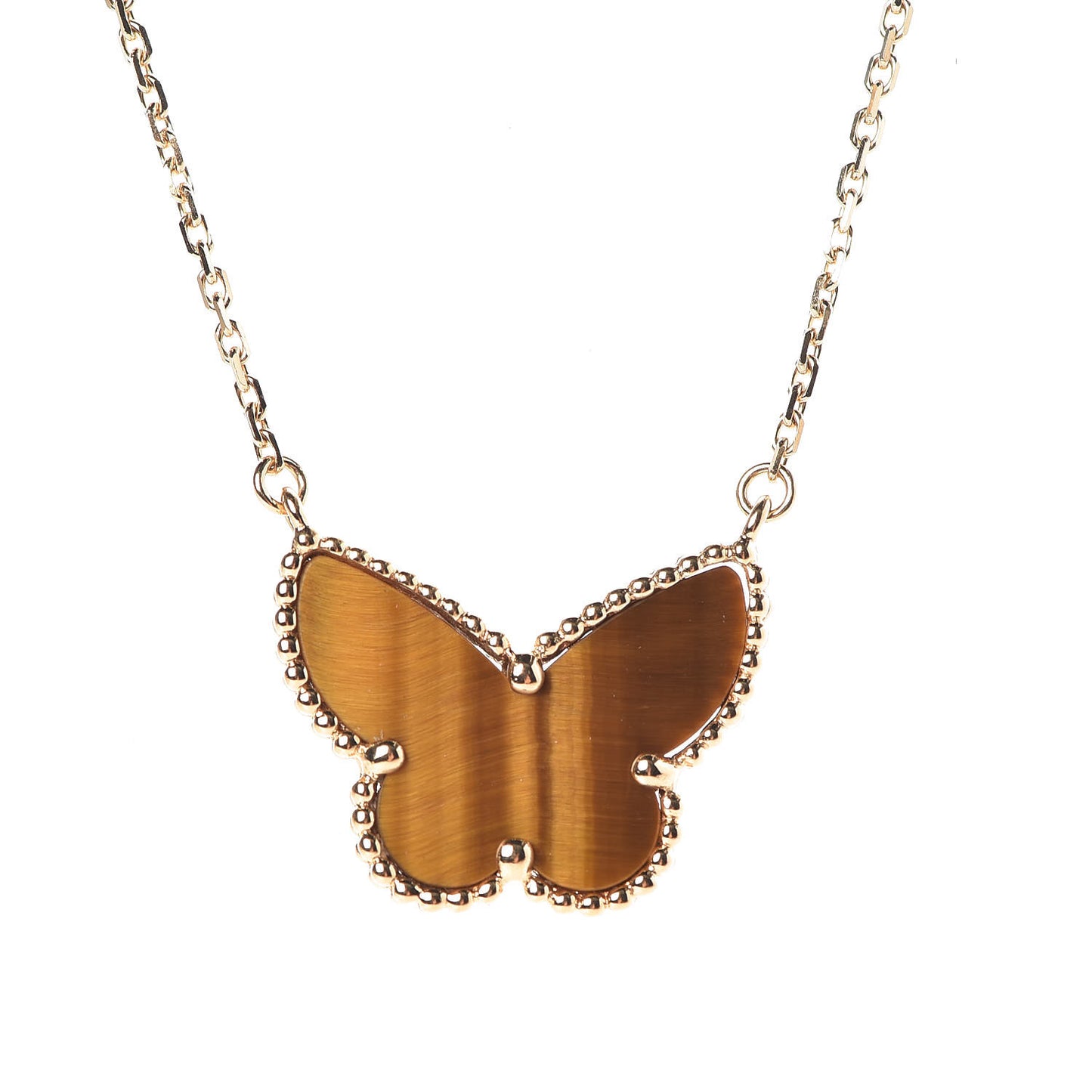 18K Yellow Gold Tiger Eye Lucky Alhambra Butterfly Pendant Necklace