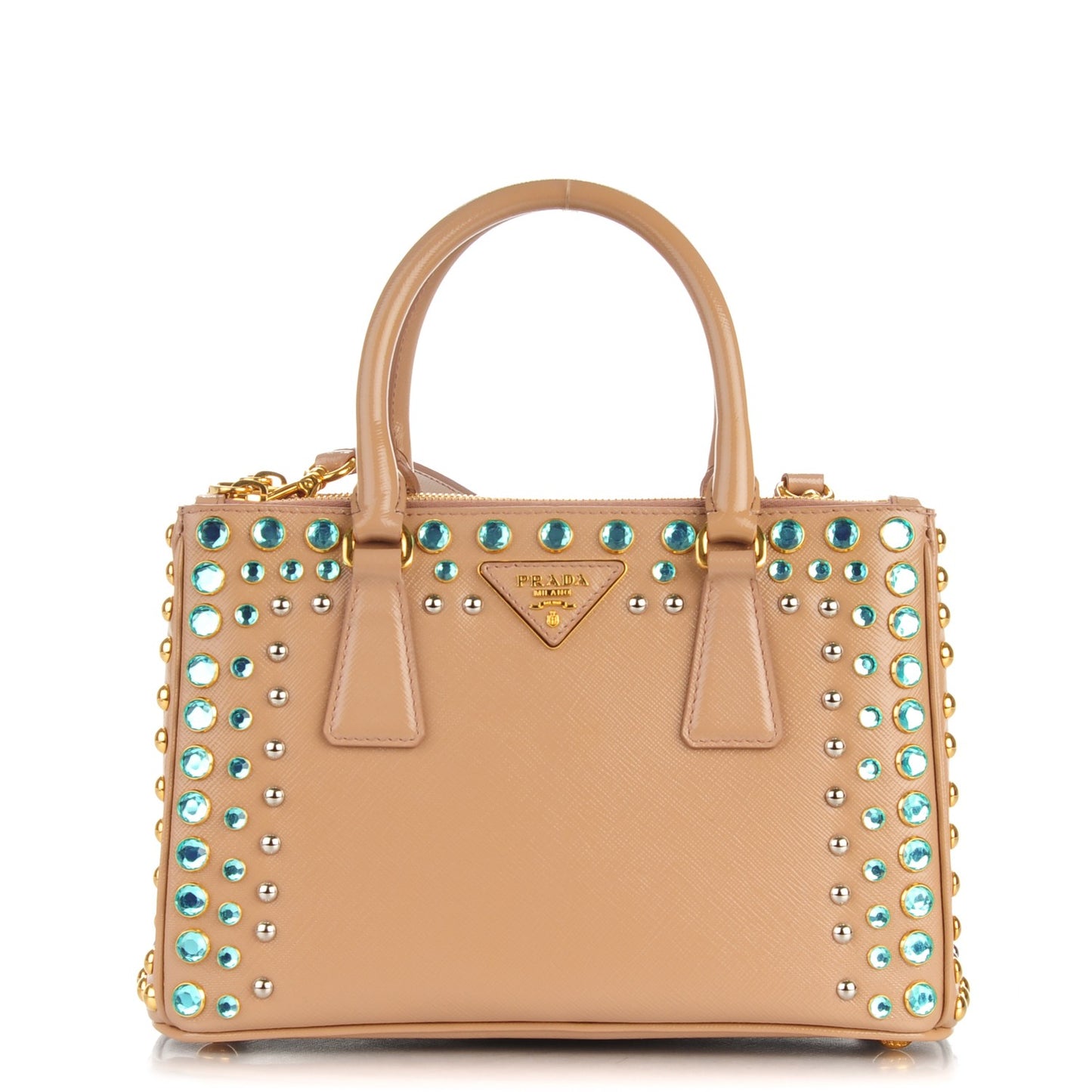 Saffiano Vernice Studded Crystal Small Galleria Double Zip Tote Cammeo