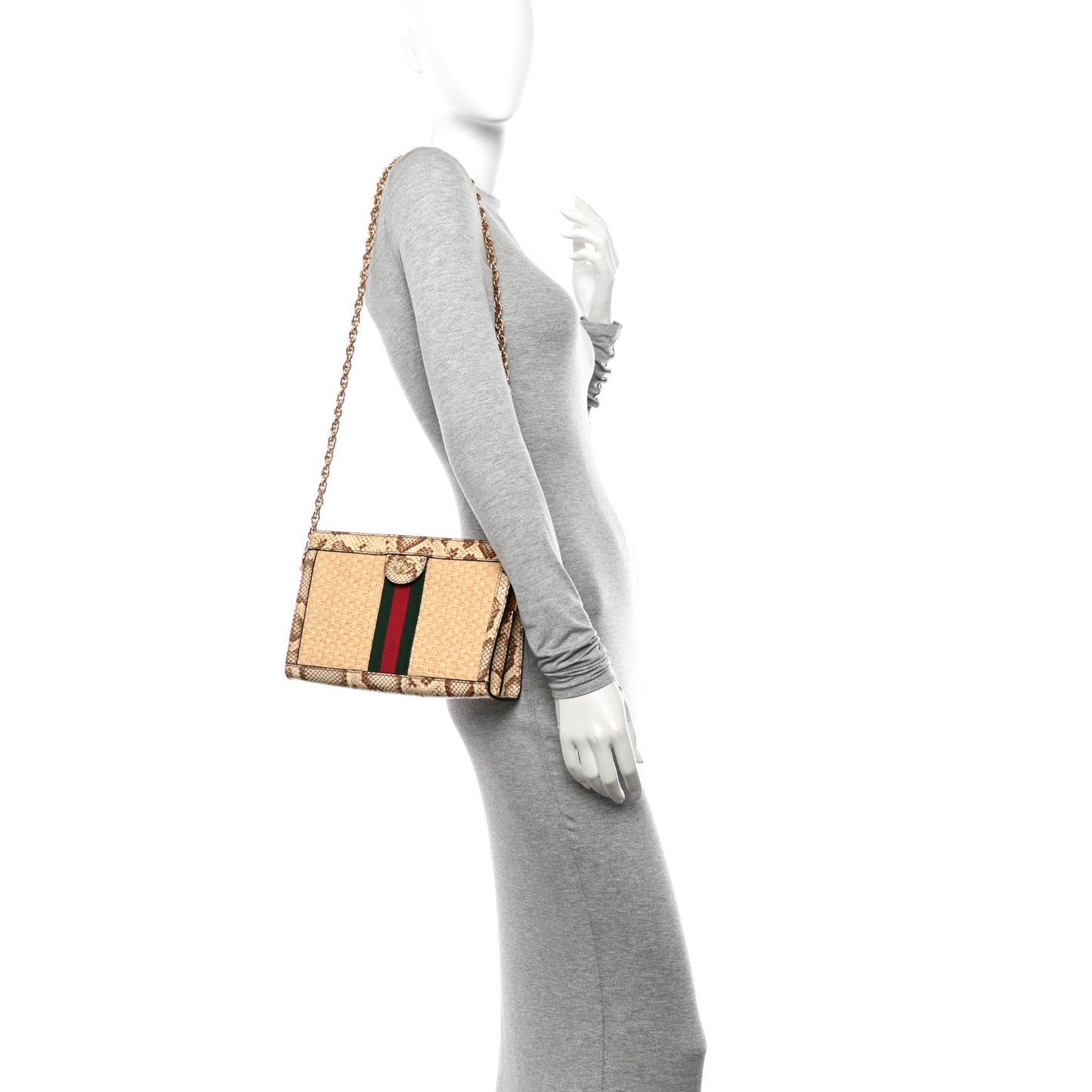 Raffia Elaphe GG Small Ophidia Chain Shoulder Bag Natural Cream Brown