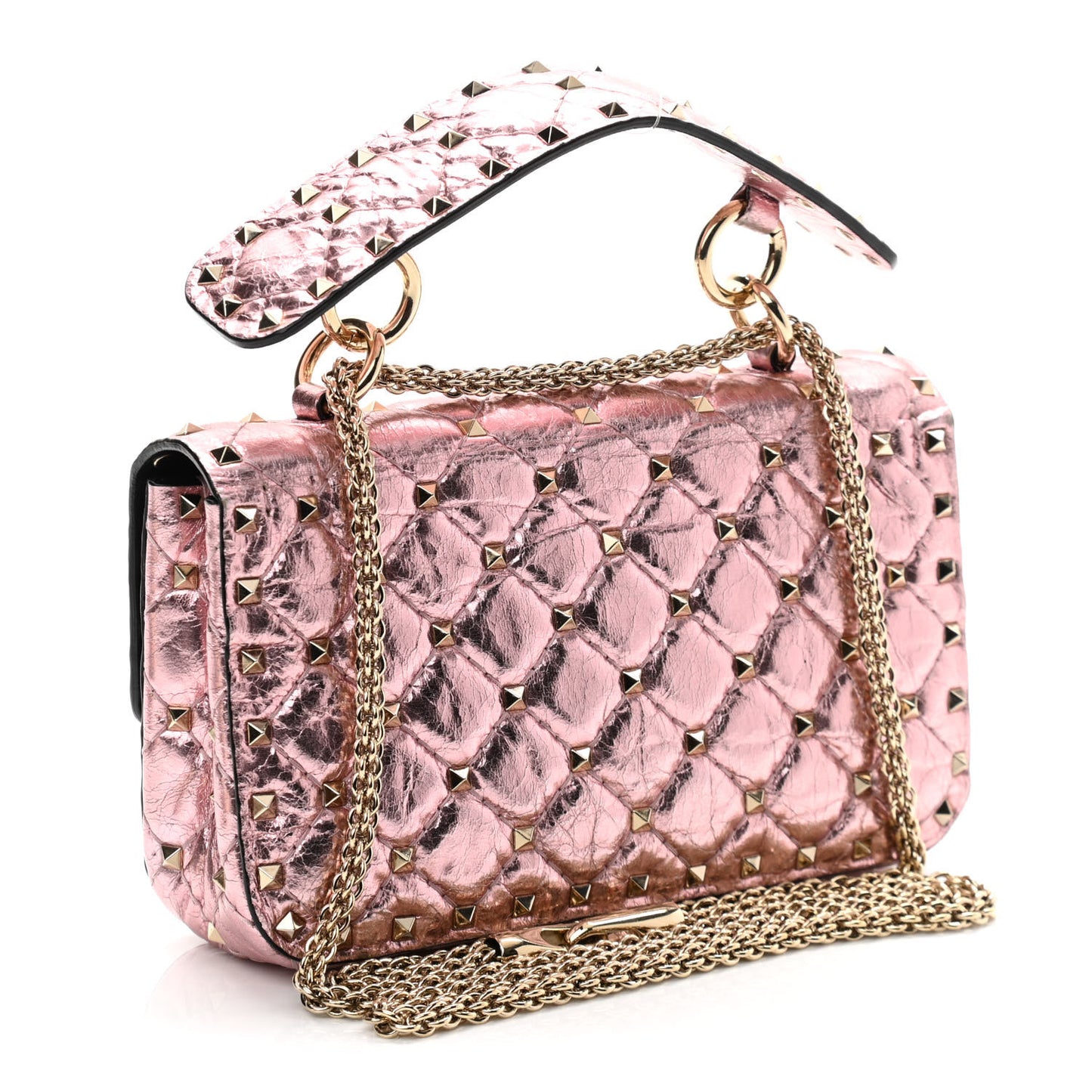 Metallic Wrinkled Lambskin Small Rockstud Spike Shoulder Bag Lipstick