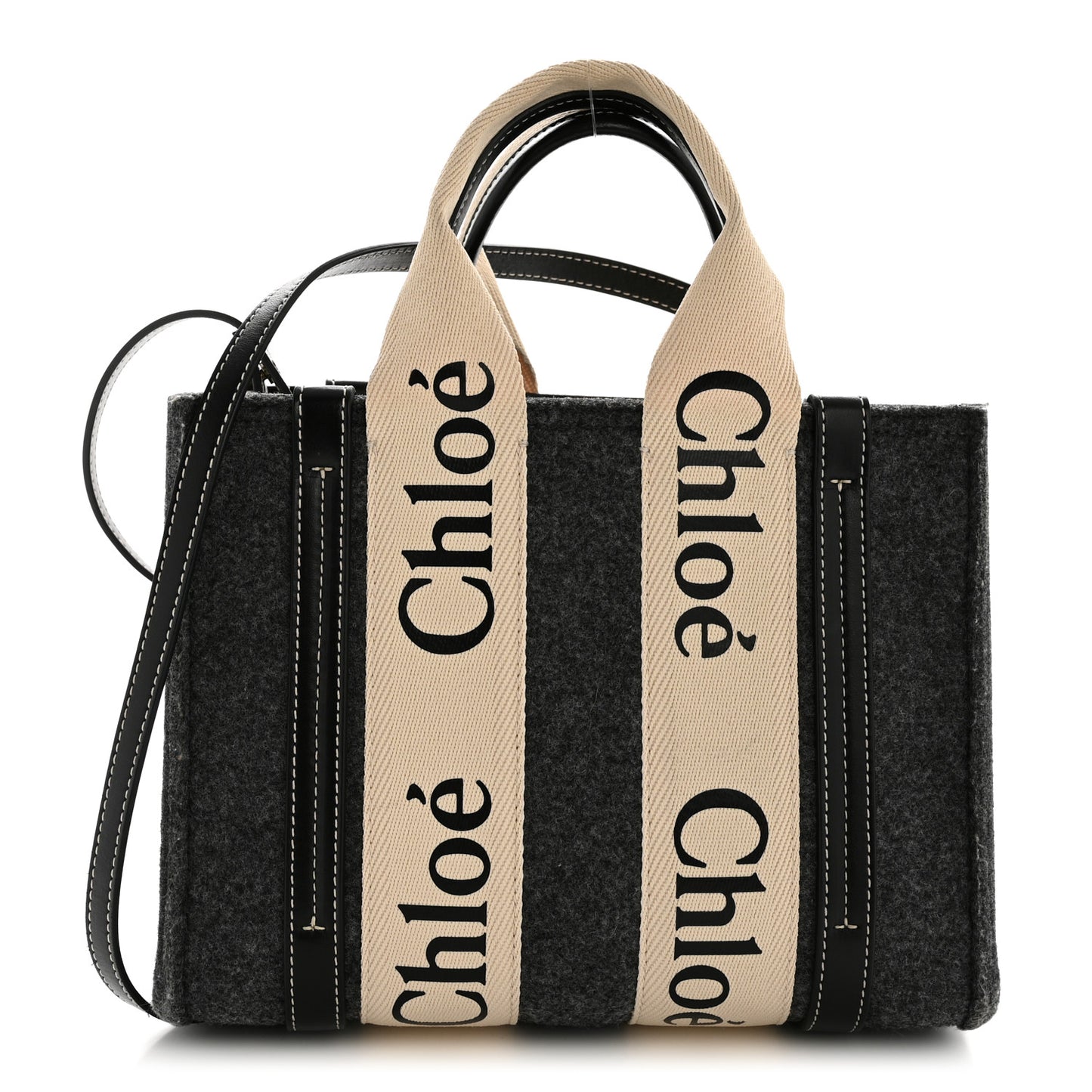 Felt Calfskin Small Woody Ribbon Tote With Strap Cashmere Grey