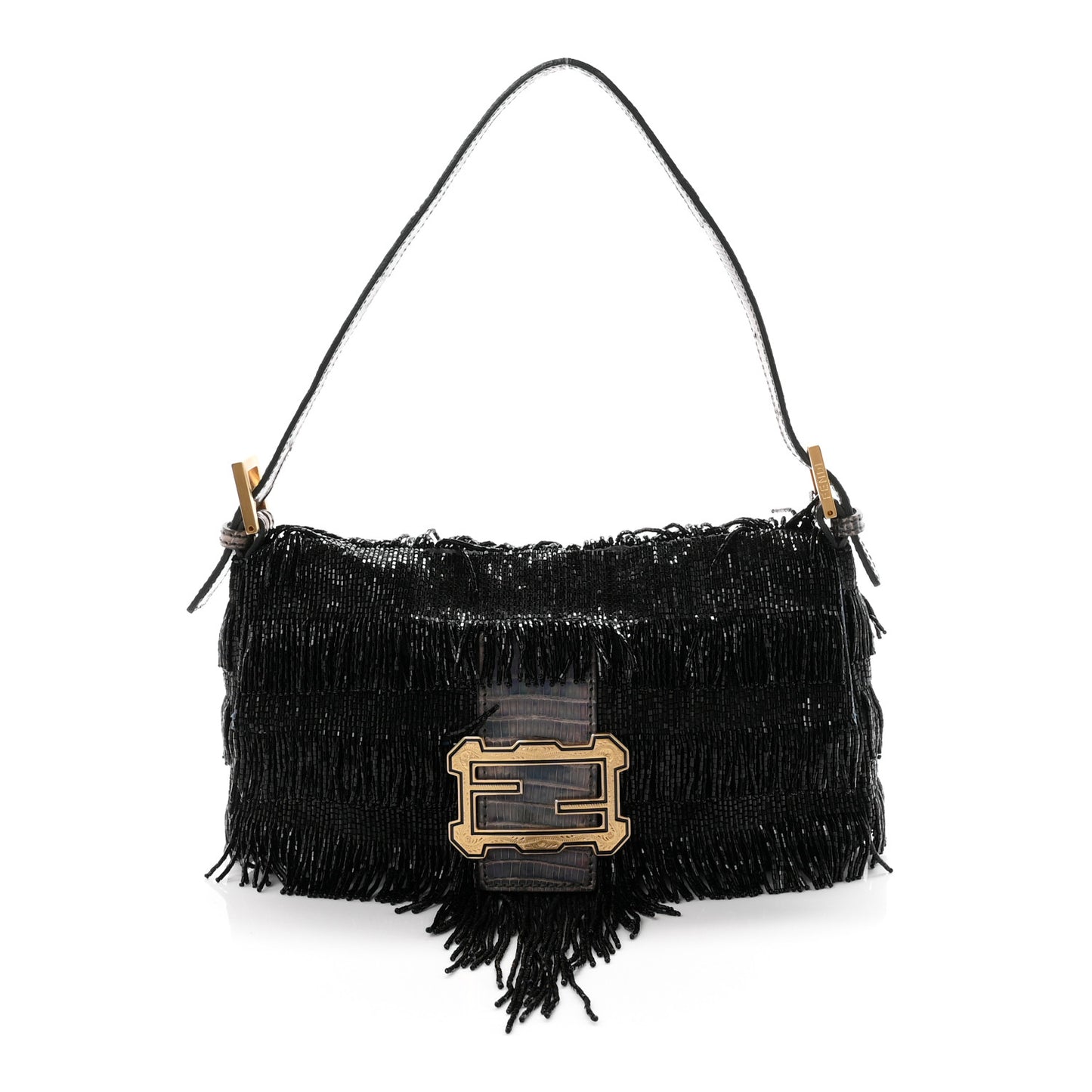 Iridescent Lizard Beaded Fringe Baguette Black