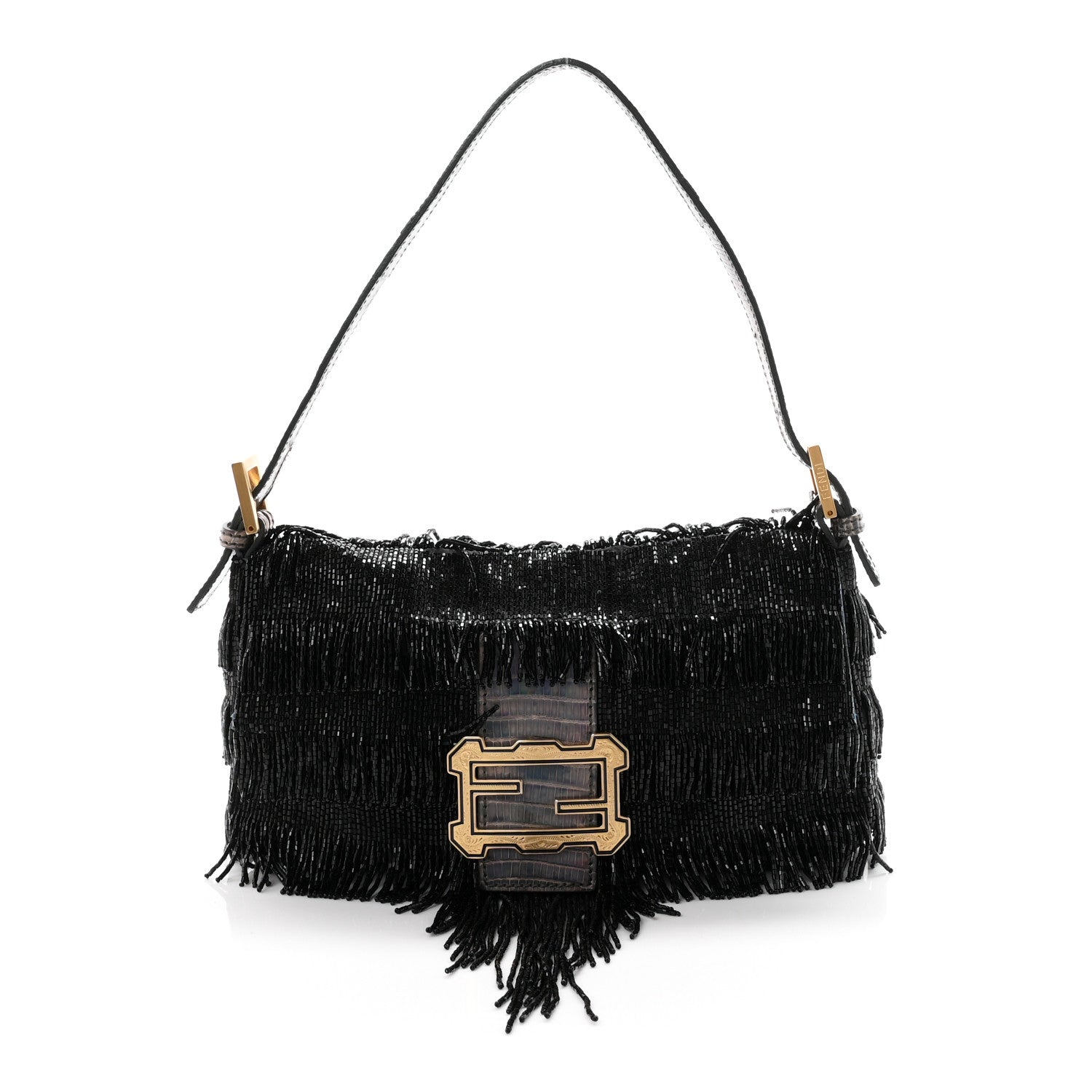 Fendi Iridescent Lizard Beaded Fringe Baguette Black 1 of 9