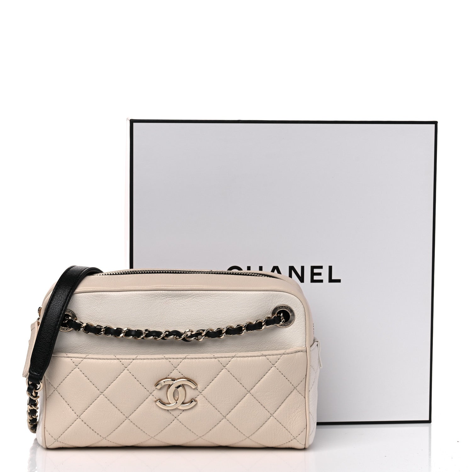 Chanel Goatskin Quilted Camera Case Beige White Black 10 of 10