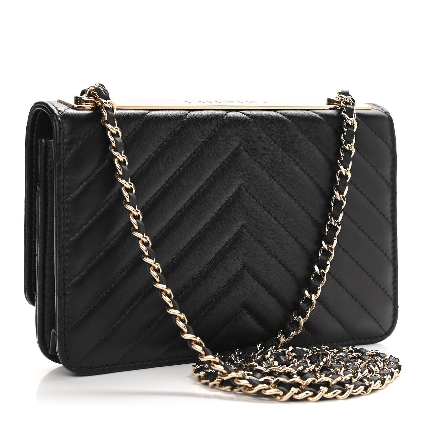 Lambskin Chevron Quilted Trendy CC Wallet On Chain WOC Black