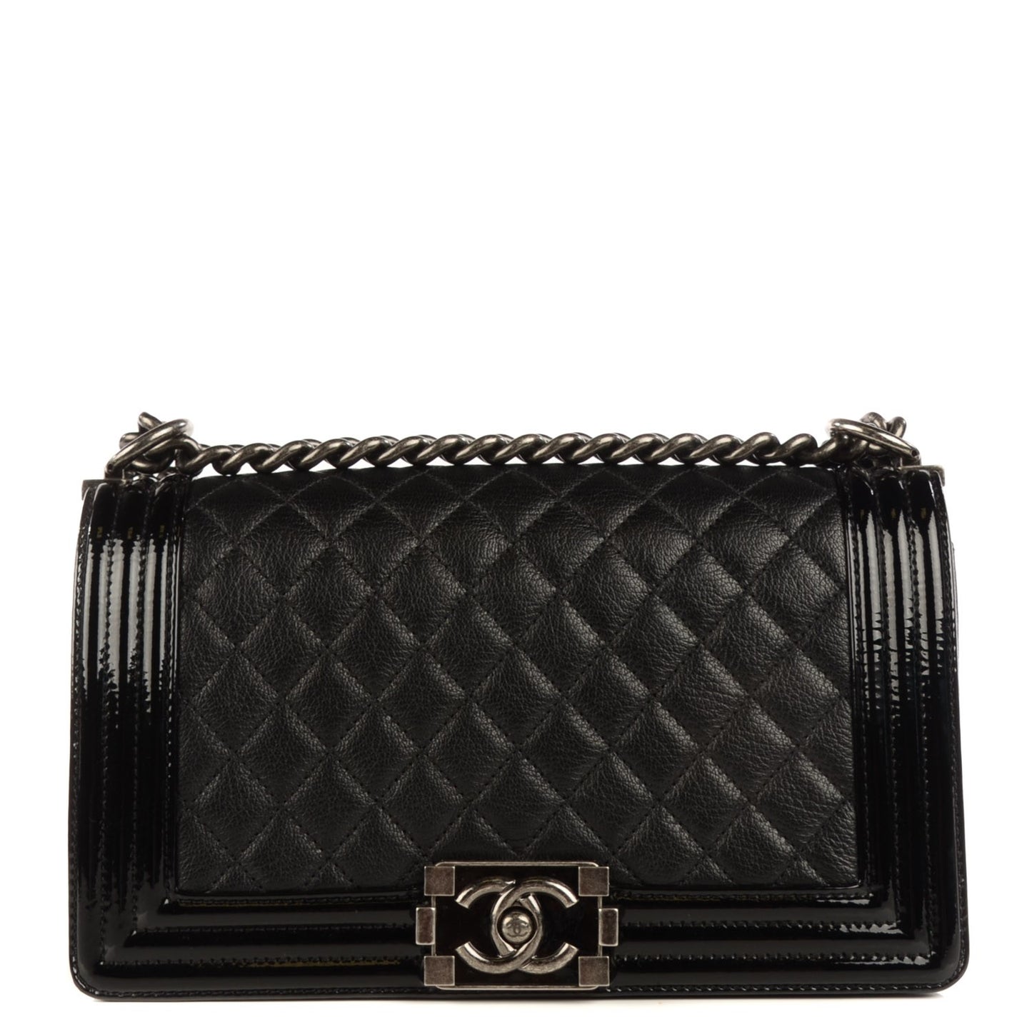 Goatskin Quilted Patent Medium Duo Boy Flap Black