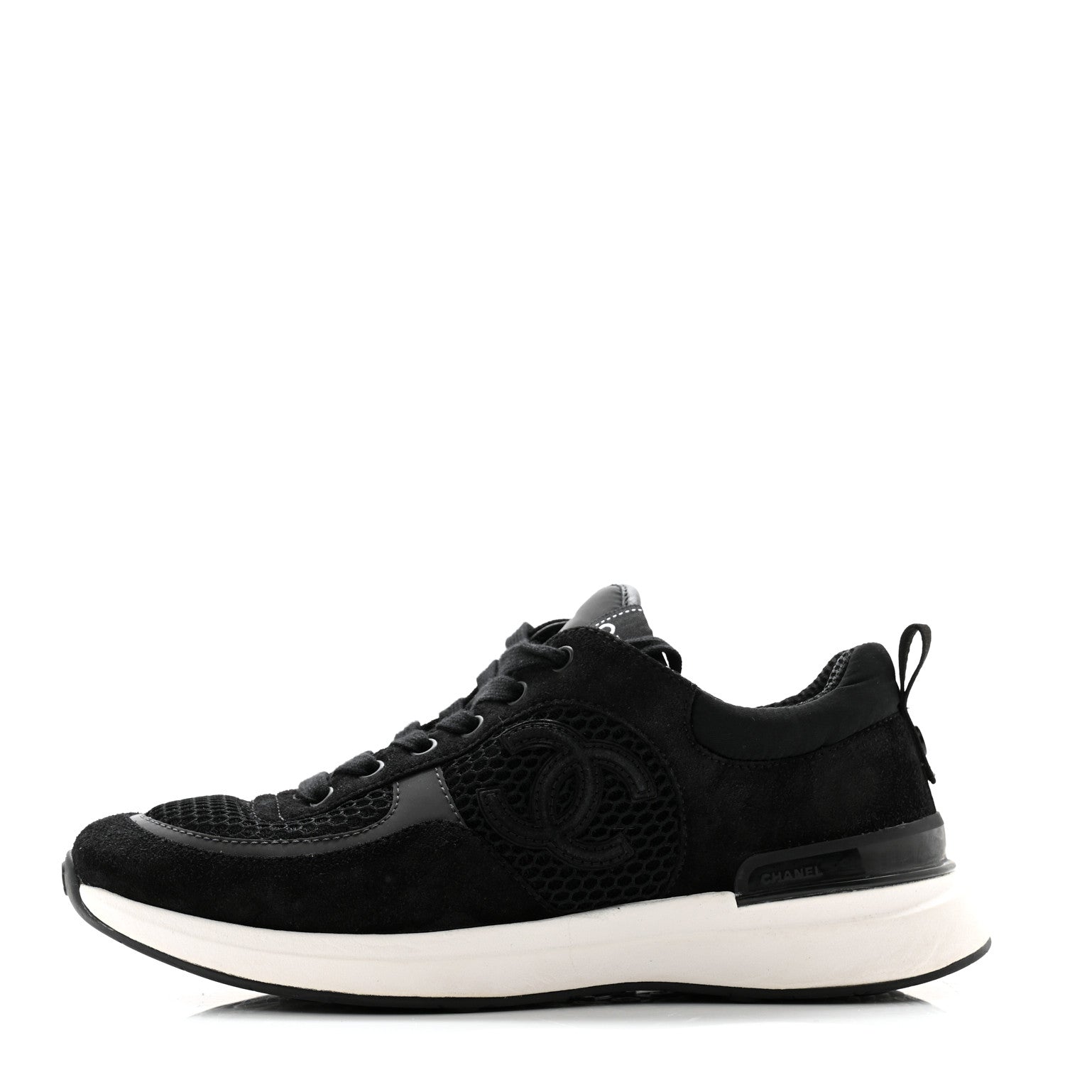 Chanel Calfskin Mesh Lycra Suede Womens Logo Sneakers 38 Black 1 of 8