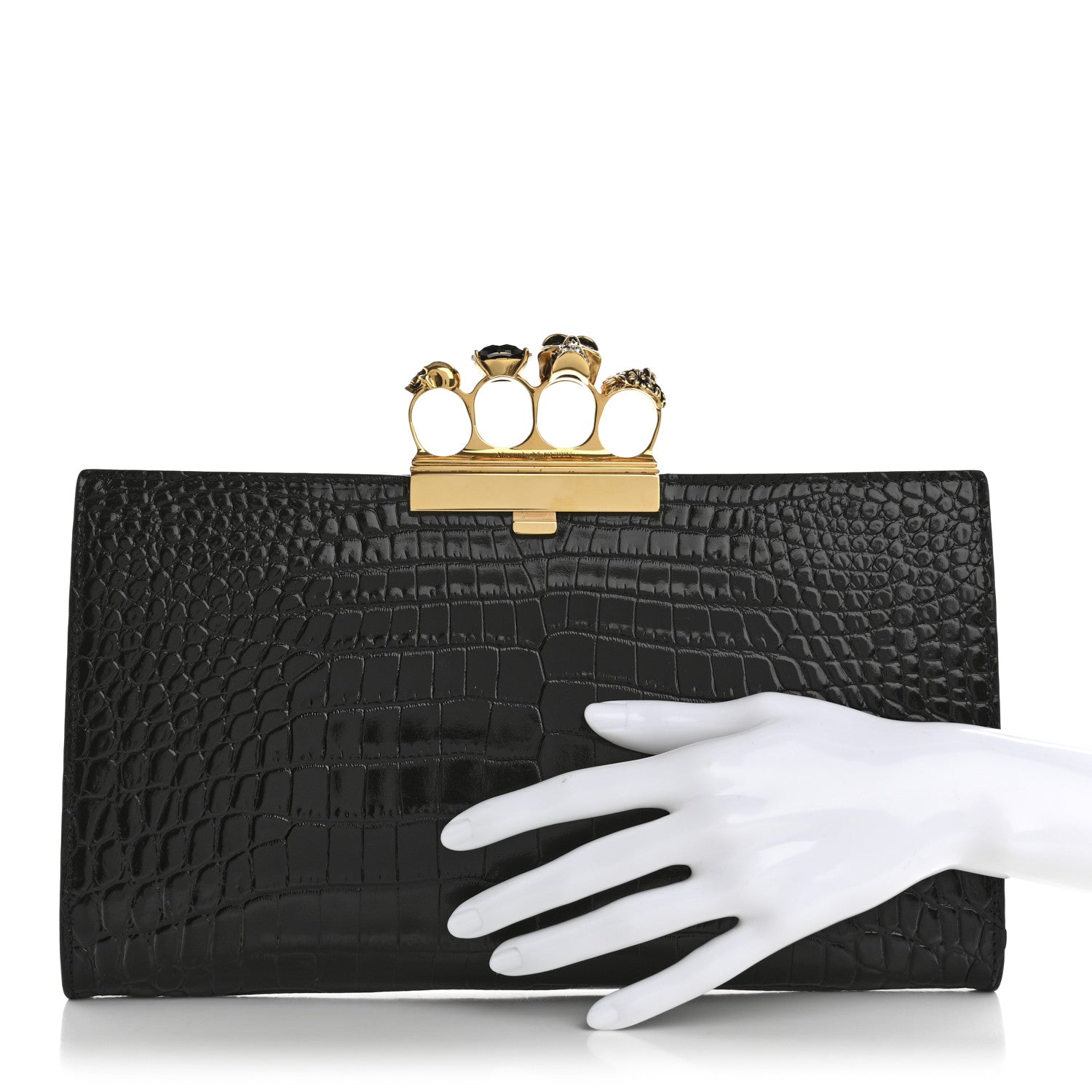 Alexander McQueen Calfskin Crocodile Embossed Knuckle Flat Clutch Black Gold 2 of 7