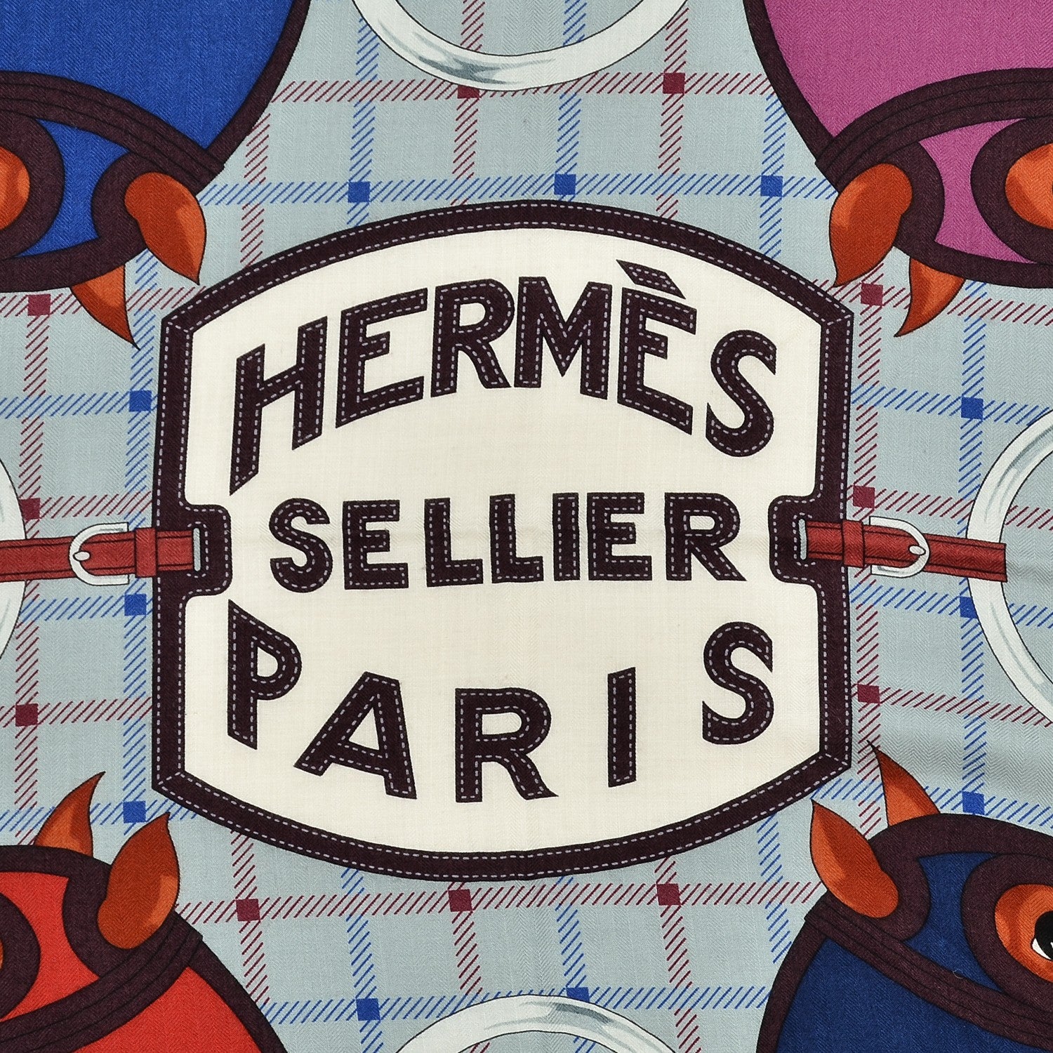 Hermes Cashmere Silk Tatersale Shawl 140 Rouge H Gris Bleu 2 of 7