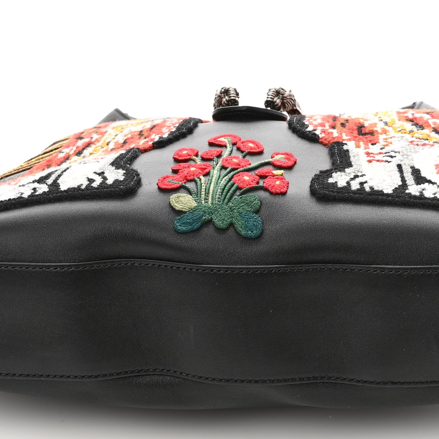 Calfskin Dog Embroidered Large Dionysus Hobo Black