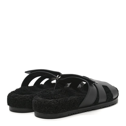Hermes Calfskin Woolskin Womens Chypre Sandals 39 Black 4 of 8