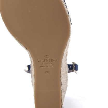 Valentino Garavani Grained Calfskin Rockstud Ankle Strap Espadrille 15/105mm Wedge Sandals 36 Baltique Natural 6 of 10