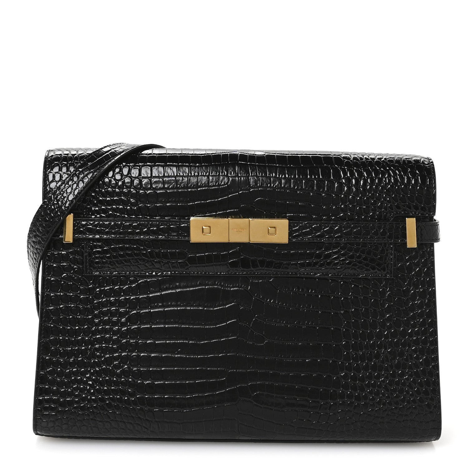 Saint Laurent Shiny Calfskin Crocodile Embossed Manhattan Baguette Black 1 of 10