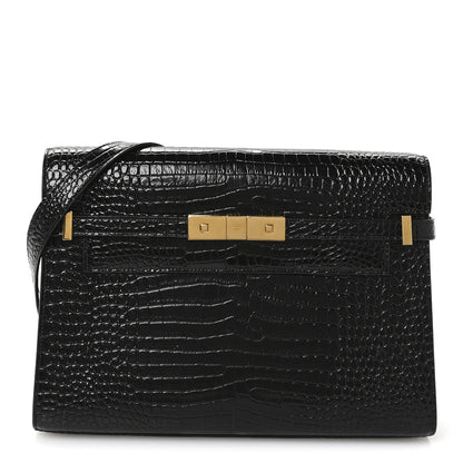 Saint Laurent Shiny Calfskin Crocodile Embossed Manhattan Baguette Black 1 of 10