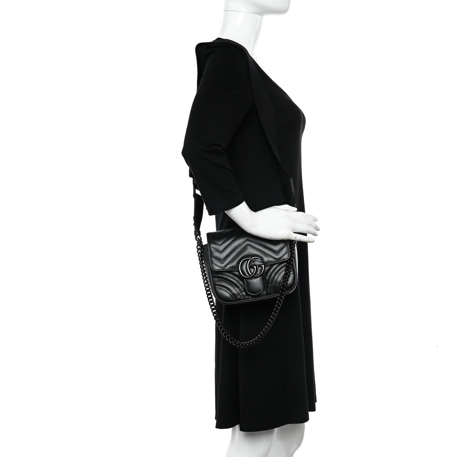 Gucci Calfskin Matelasse Monochrome Mini GG Marmont Crossbody Shoulder Bag Black 2 of 9