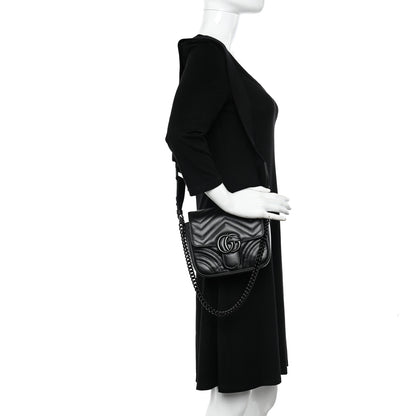 Gucci Calfskin Matelasse Monochrome Mini GG Marmont Crossbody Shoulder Bag Black 2 of 9