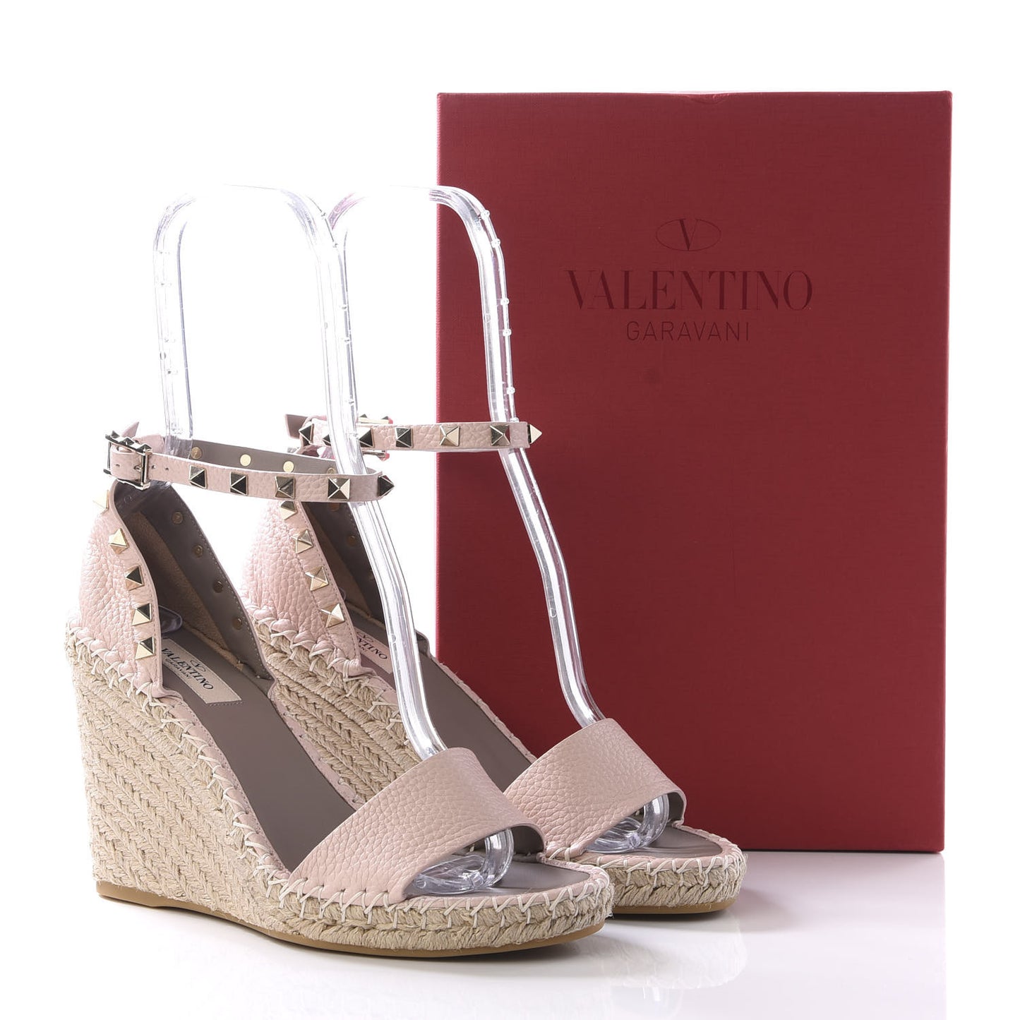 Grained Calfskin Rockstud Ankle Strap Espadrille 15/105mm Wedge Sandals 39 Rose Quartz Natural