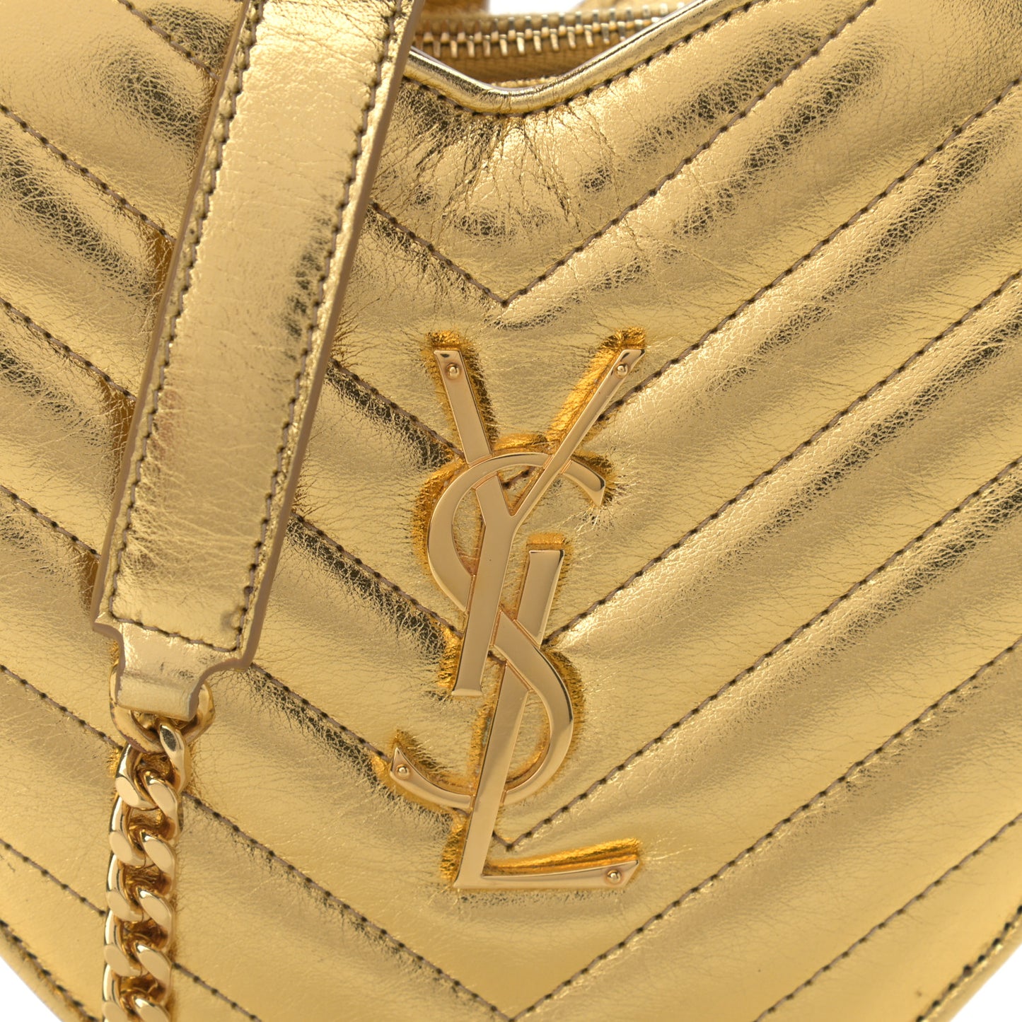 Metallic Calfskin Matelasse Chevron Monogram Small Love Heart Chain Bag Gold